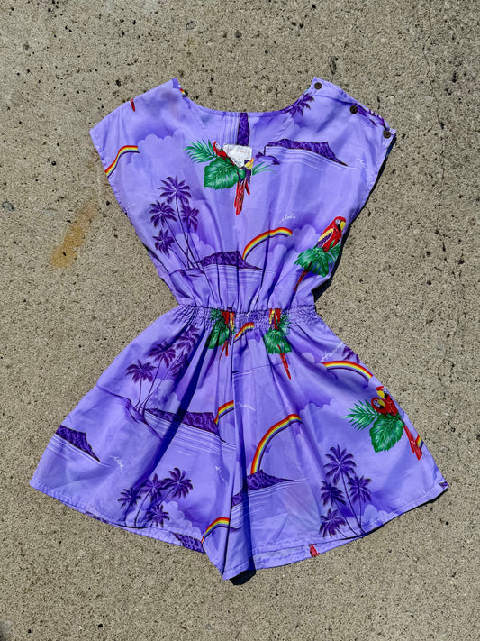 Vintage 1980s Purple Hawaiian Print Romper Playsuit | Large