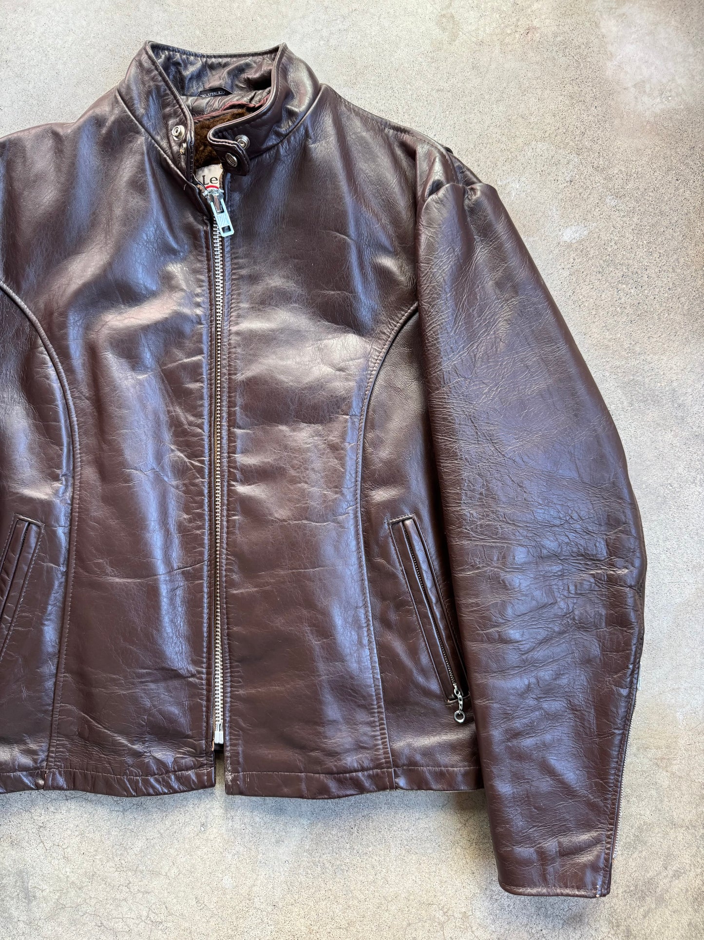 Vintage 1970s Sears The Leather Shop Brown Zip-Up Riding Jacket | 46R
