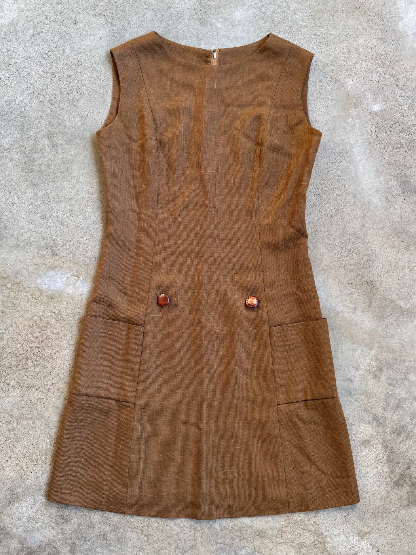 Vintage 1960s Brown Wool Sleeveless Shift Dress | M/L