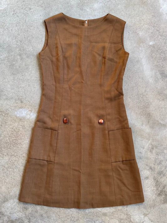 Vintage 1960s Brown Wool Sleeveless Shift Dress | M/L