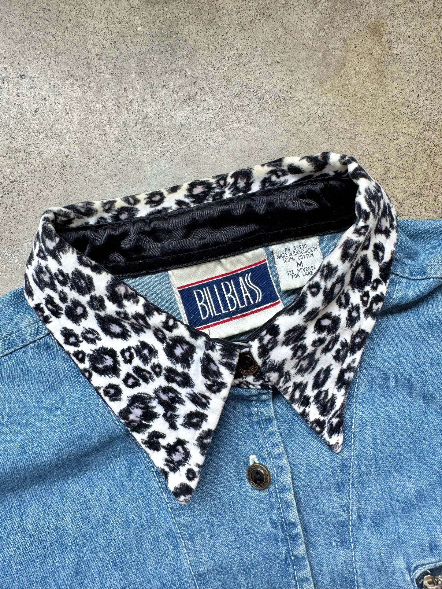 Vintage 1990s Bill Blass Leopard Print Trim Denim Shirt | Medium