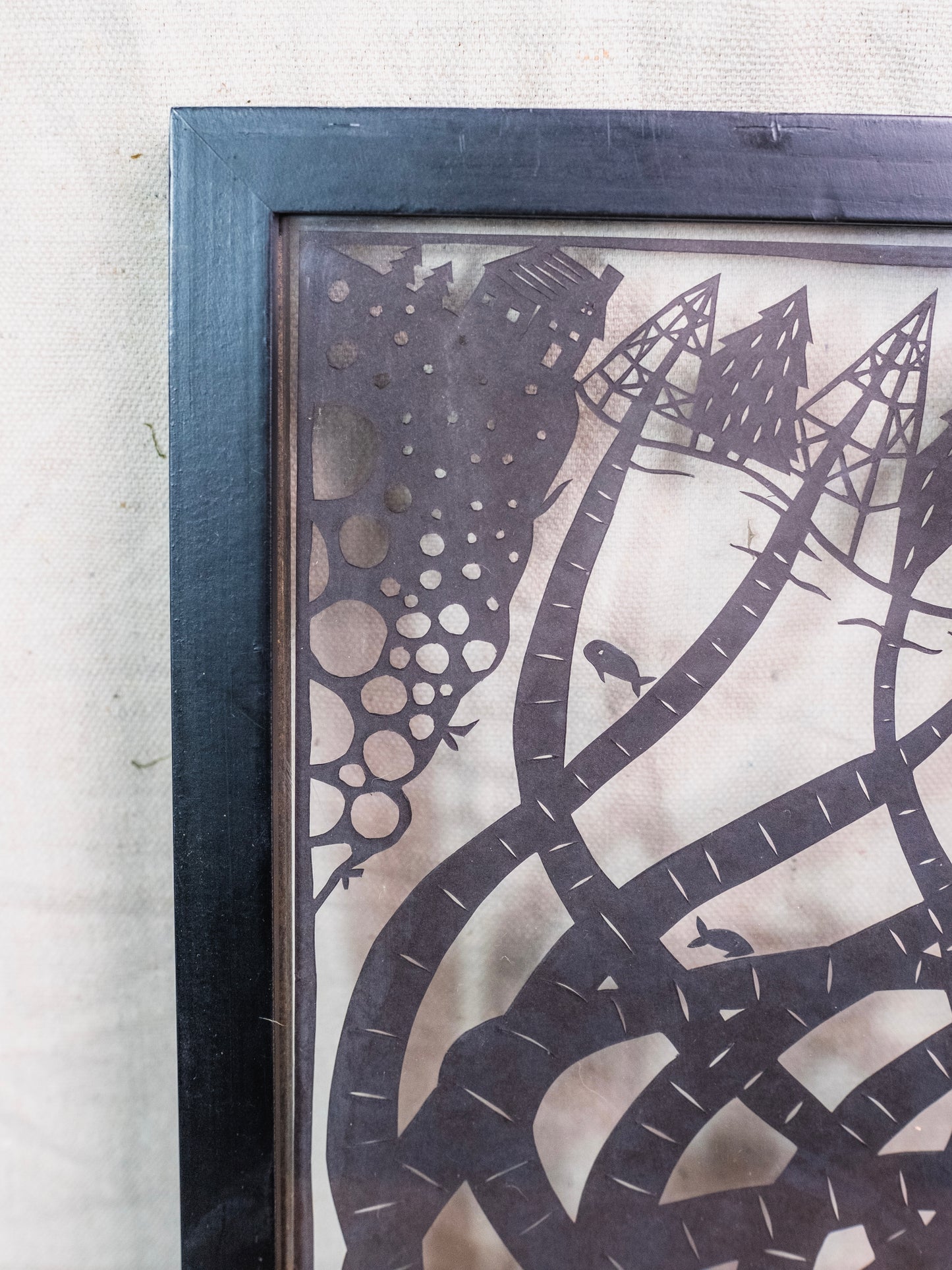 Vintage Framed Papercut Shadowbox "Cyborg Octopus" Silhouette Artwork