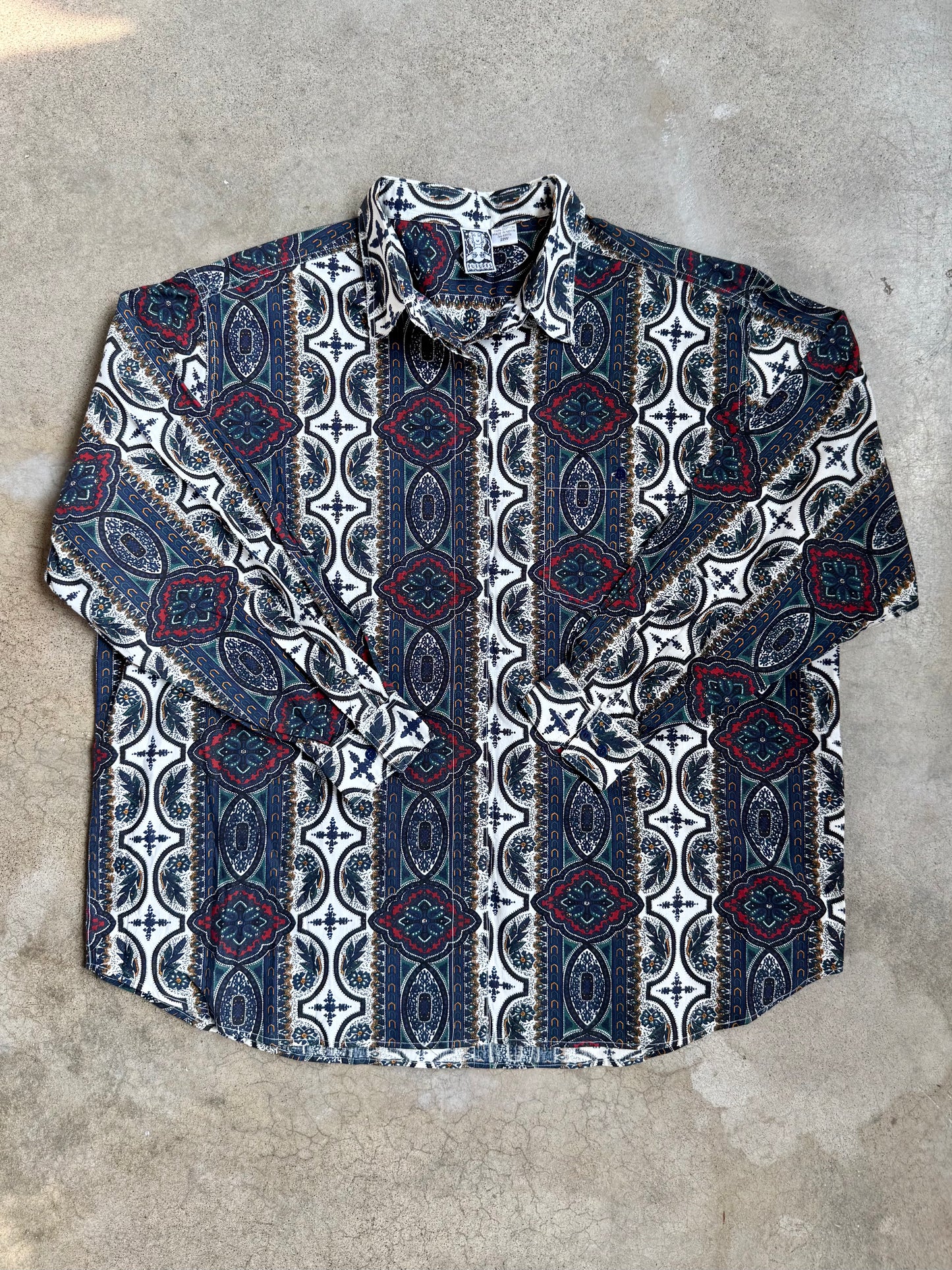 Vintage 1990s Futures Navy Floral Medallion Print Cotton Button-Up Shirt | 3XL