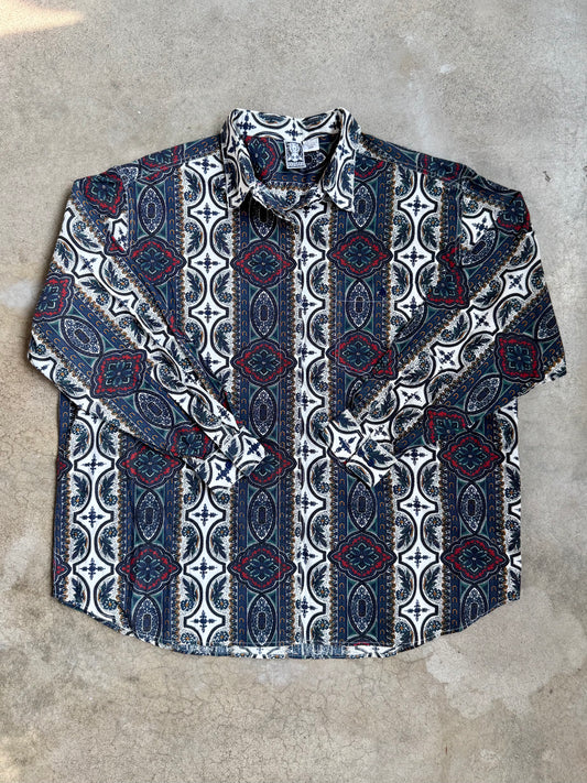 Vintage 1990s Futures Navy Floral Medallion Print Cotton Button-Up Shirt | 3XL
