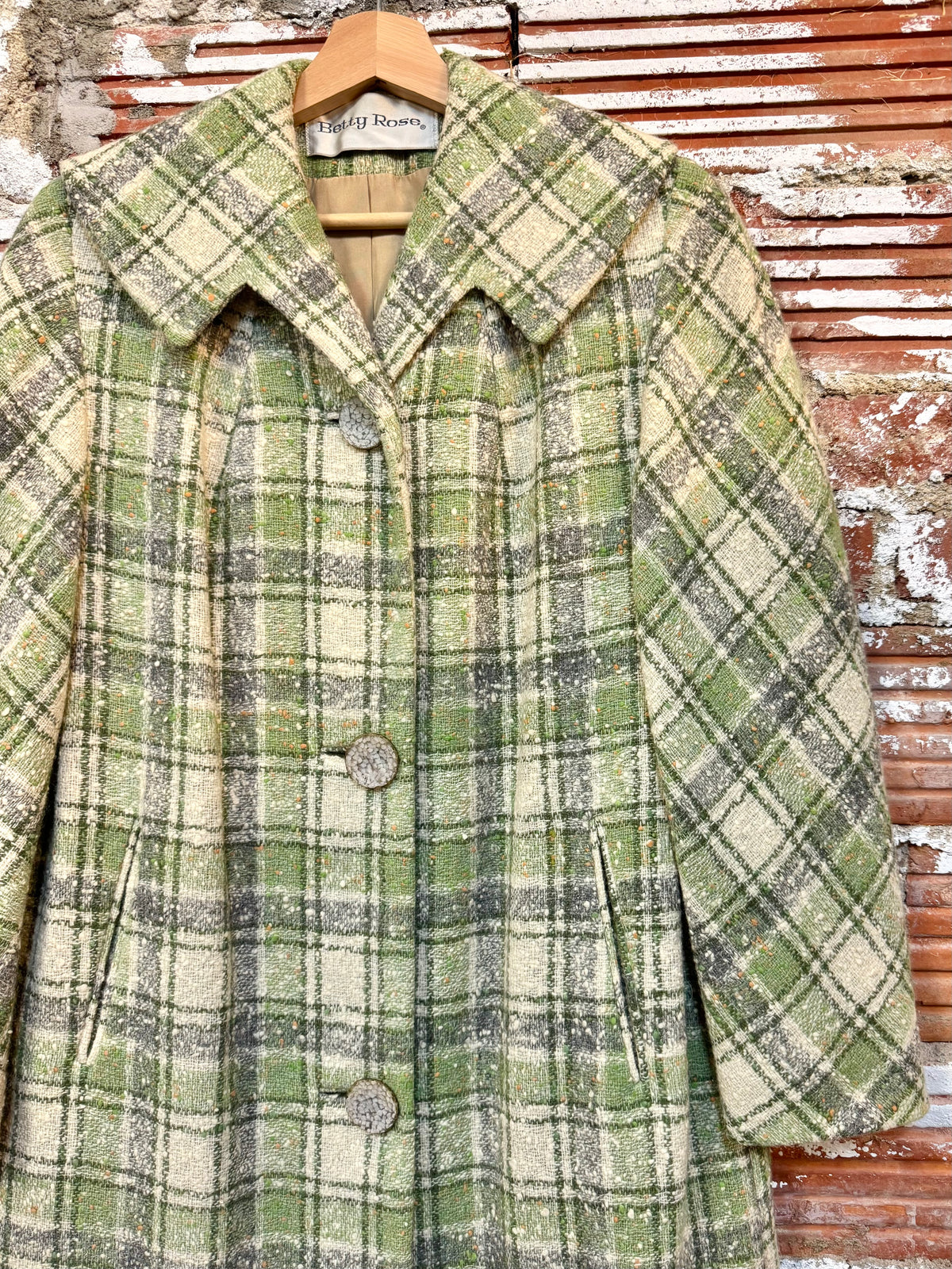 Vintage 1960s Betty Rose Green Plaid Wool Tweed Overcoat | S/M