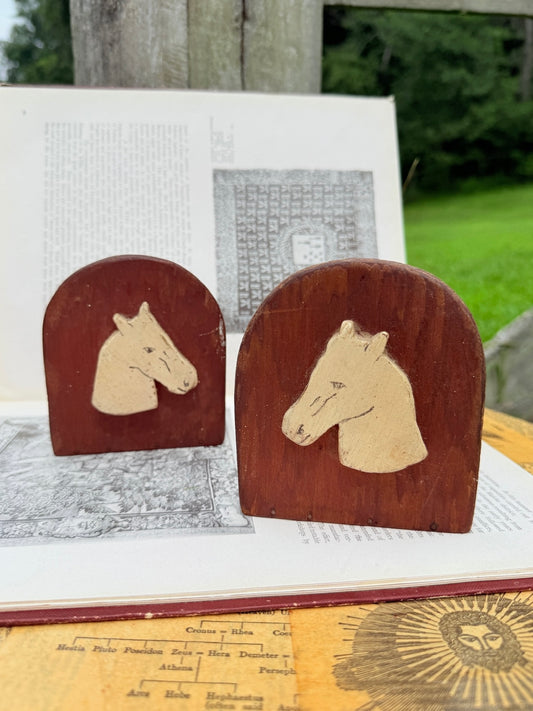 Vintage 1940s Handmade Wooden Horse Head Bookends | Set of 2