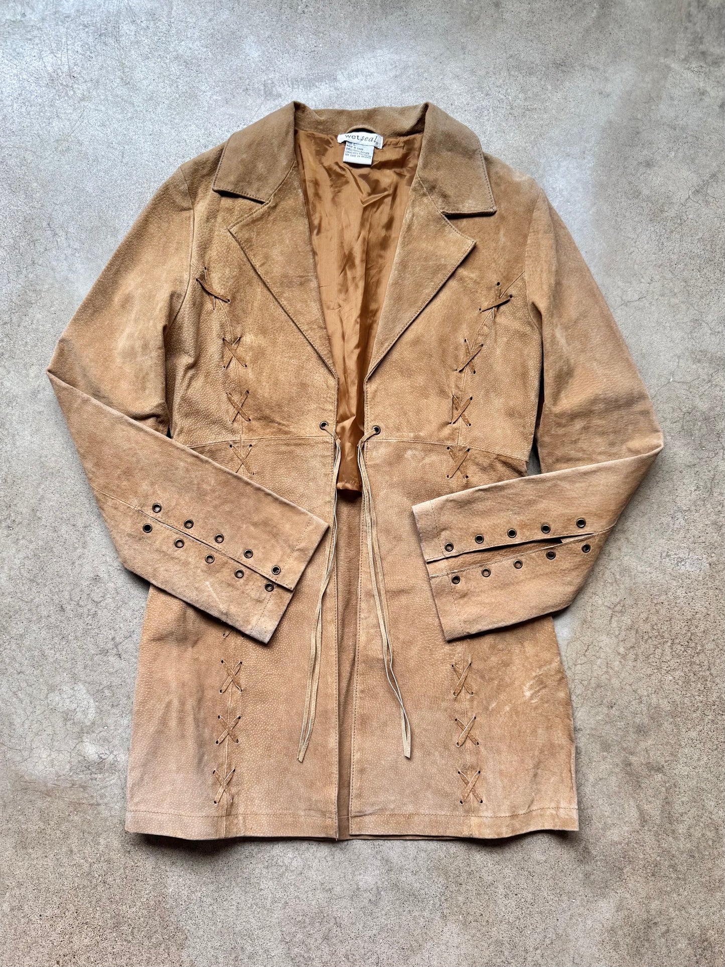 Y2K Wet Seal Lace-Up Tan Suede Leather Jacket | Large