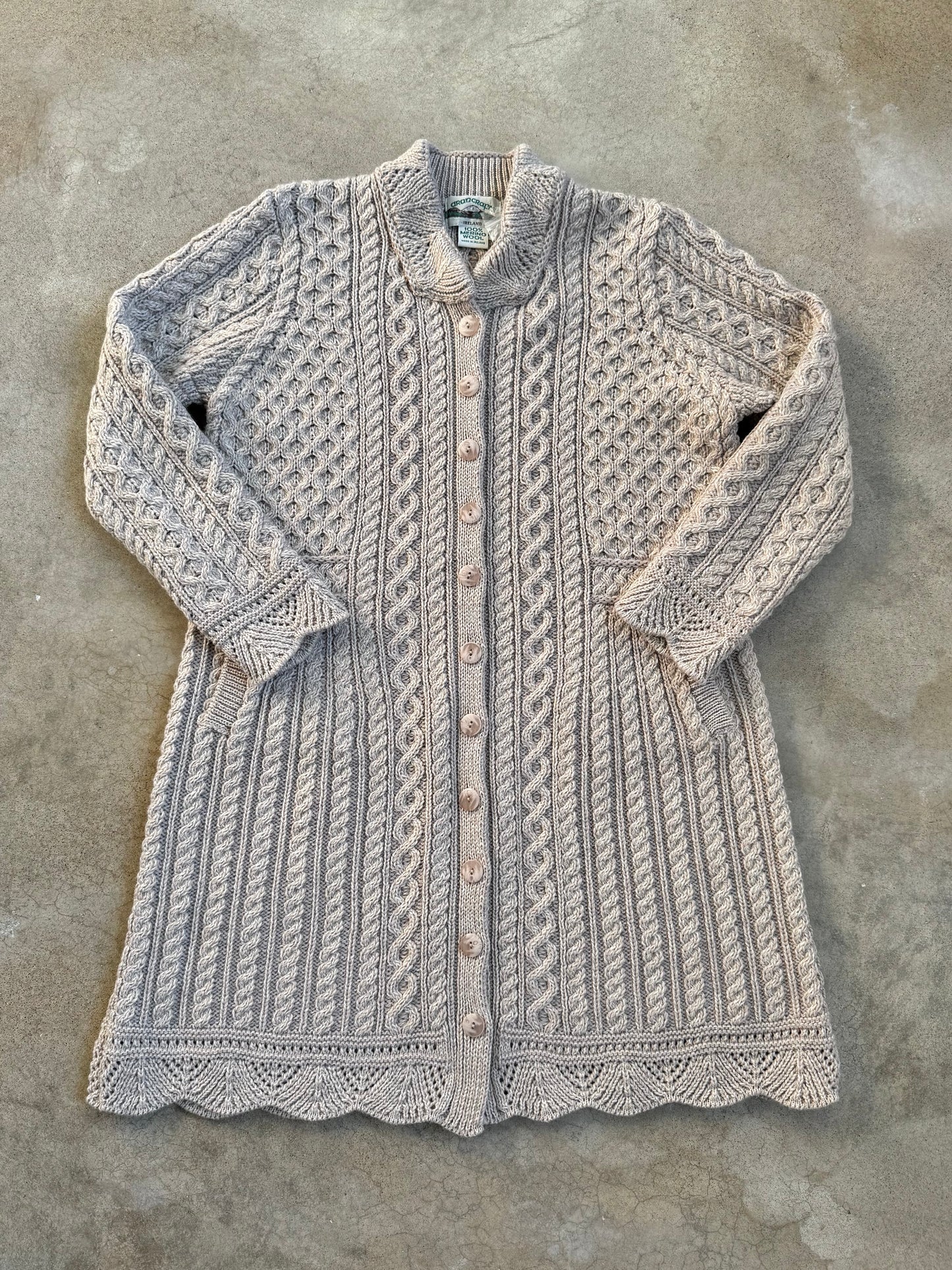 Vintage 1990s Aran Crafts Merino Wool Cable-Knit Longline Cardigan | XL