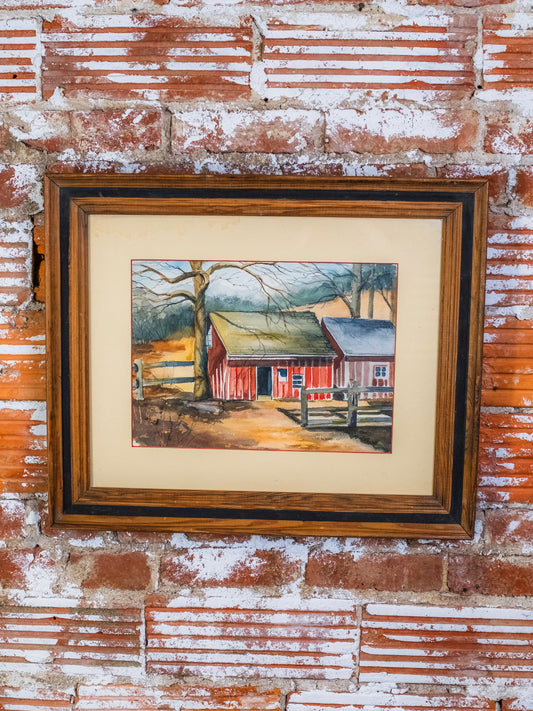 Vintage Framed “Red Barn” Landscape Watercolor Painting | Signed