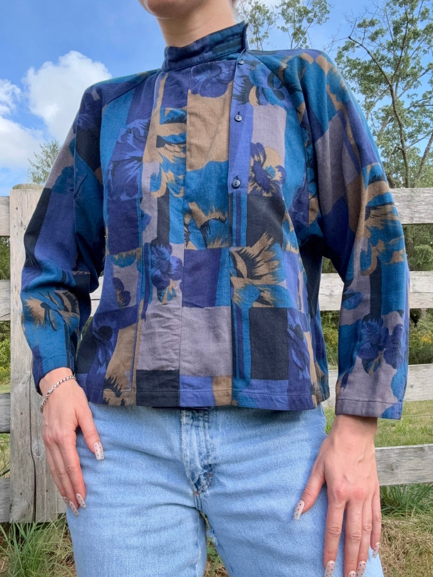 Vintage 1960s François Viannay Anastasia Blue Floral High-Neck Blouse | S/M