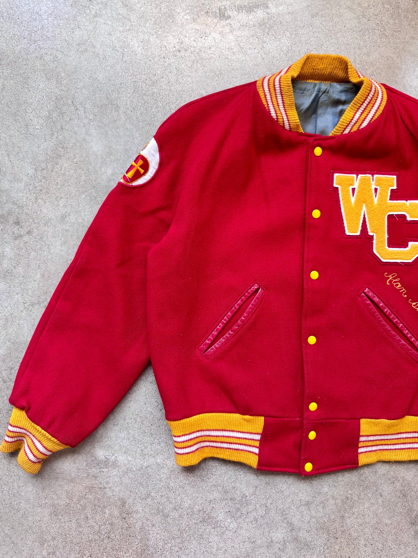 Vintage 1981 Worthington Christian Red & Gold Wool Letterman Varsity Jacket | Large
