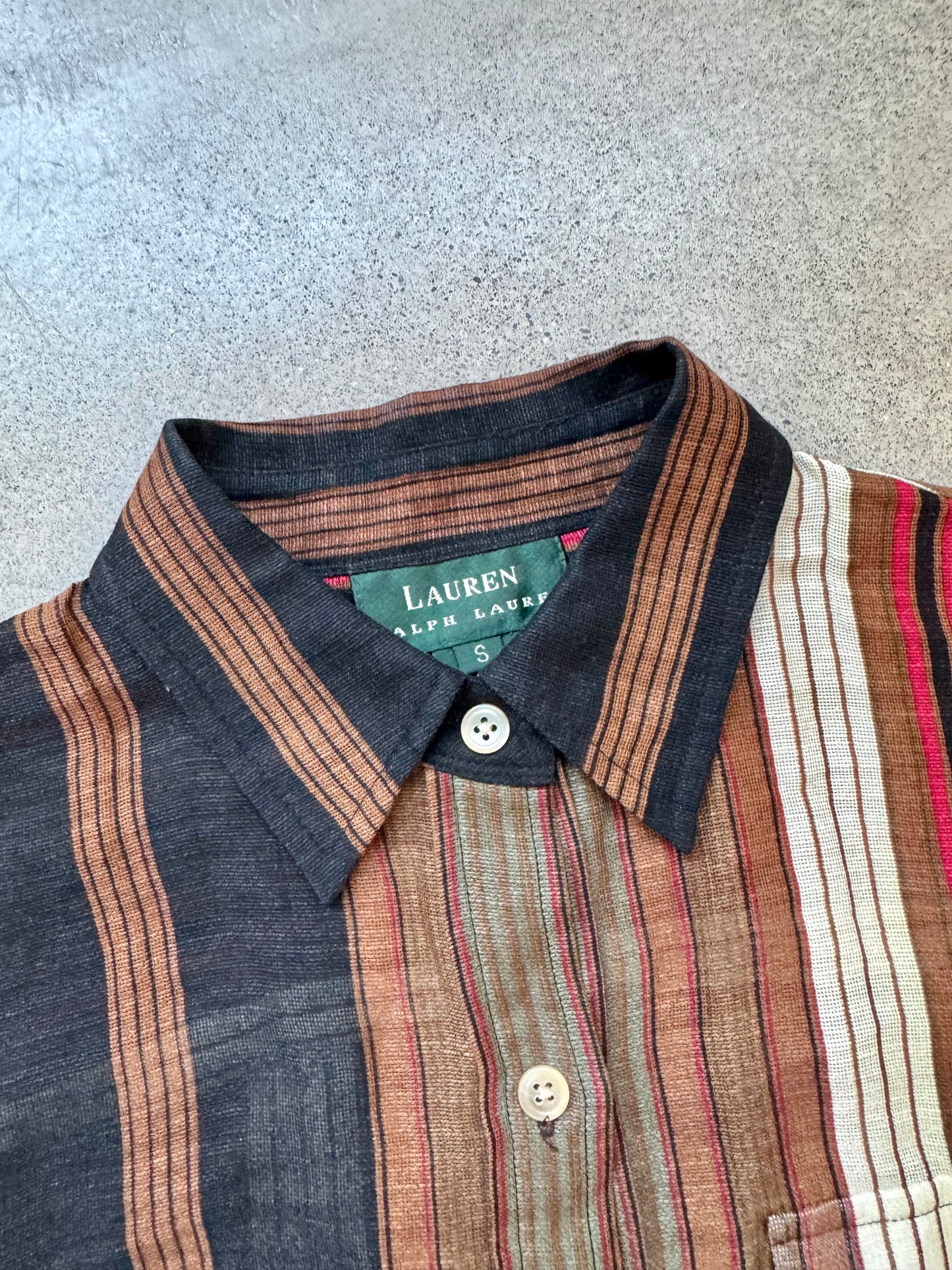 Vintage 1990s Lauren Ralph Lauren Striped Silk & Linen Buttoned Shirt | Small