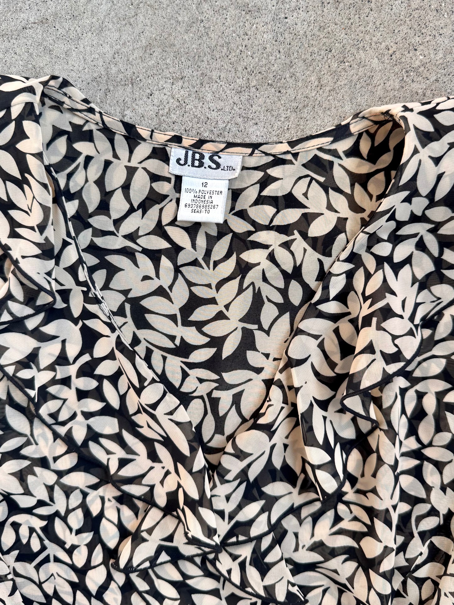 Vintage 1990s J.B.S. Black & Cream Floral Ruffle Trim Tie-Waist Dress | M/L