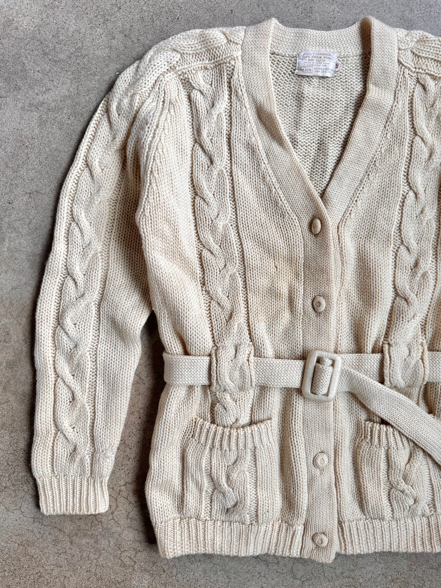 Vintage 1960s Sears 100% Wool Cream Cable Knit Belted Cardigan | Medium