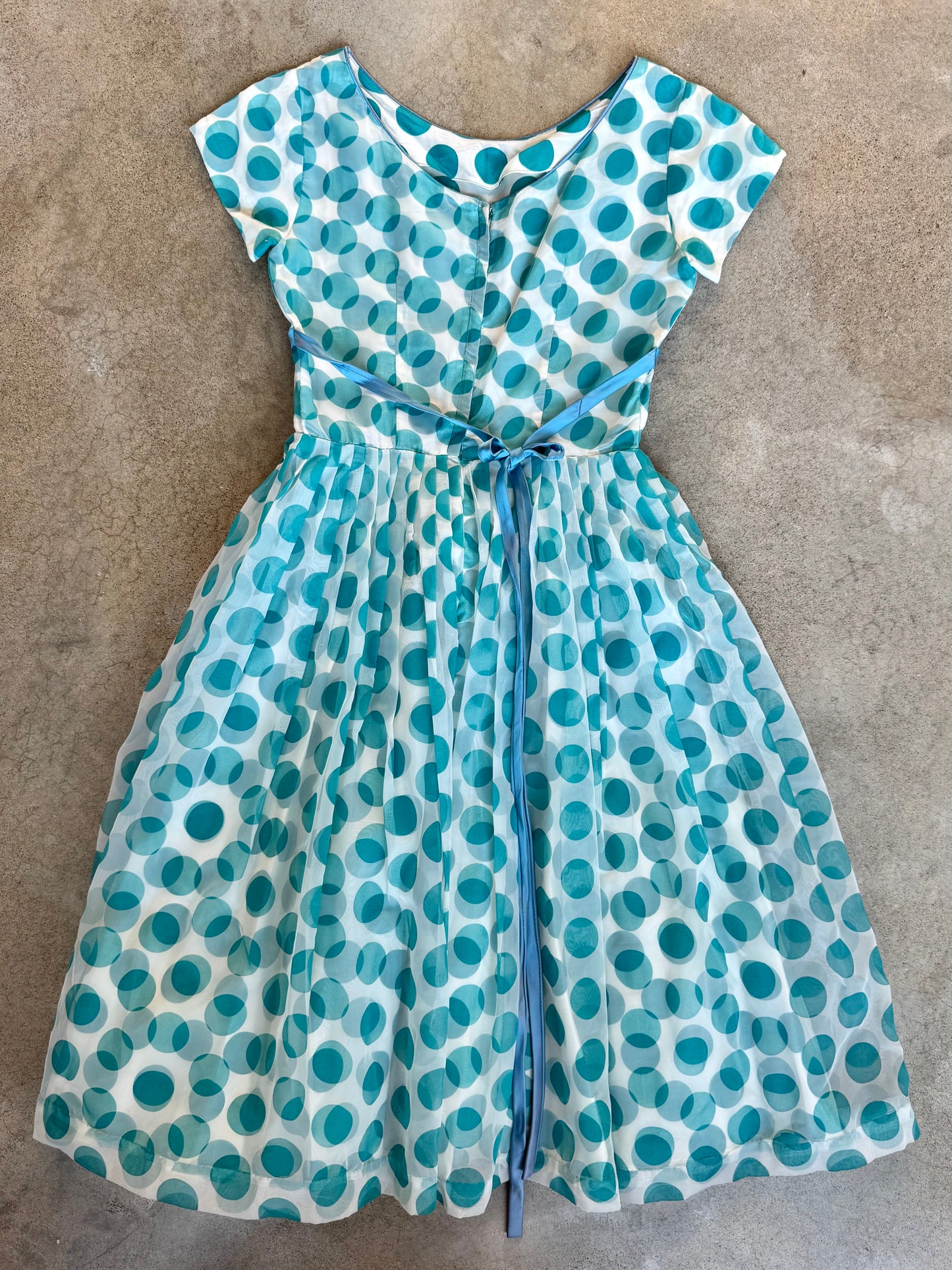Vintage 1950s Teal Polka Dot Short Sleeve Fit & Flare Swing Dress | Medium