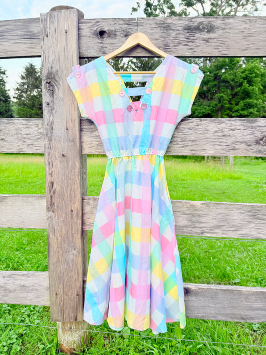 Vintage 1970s California Made Pastel Checkered Summer Dress | XS
