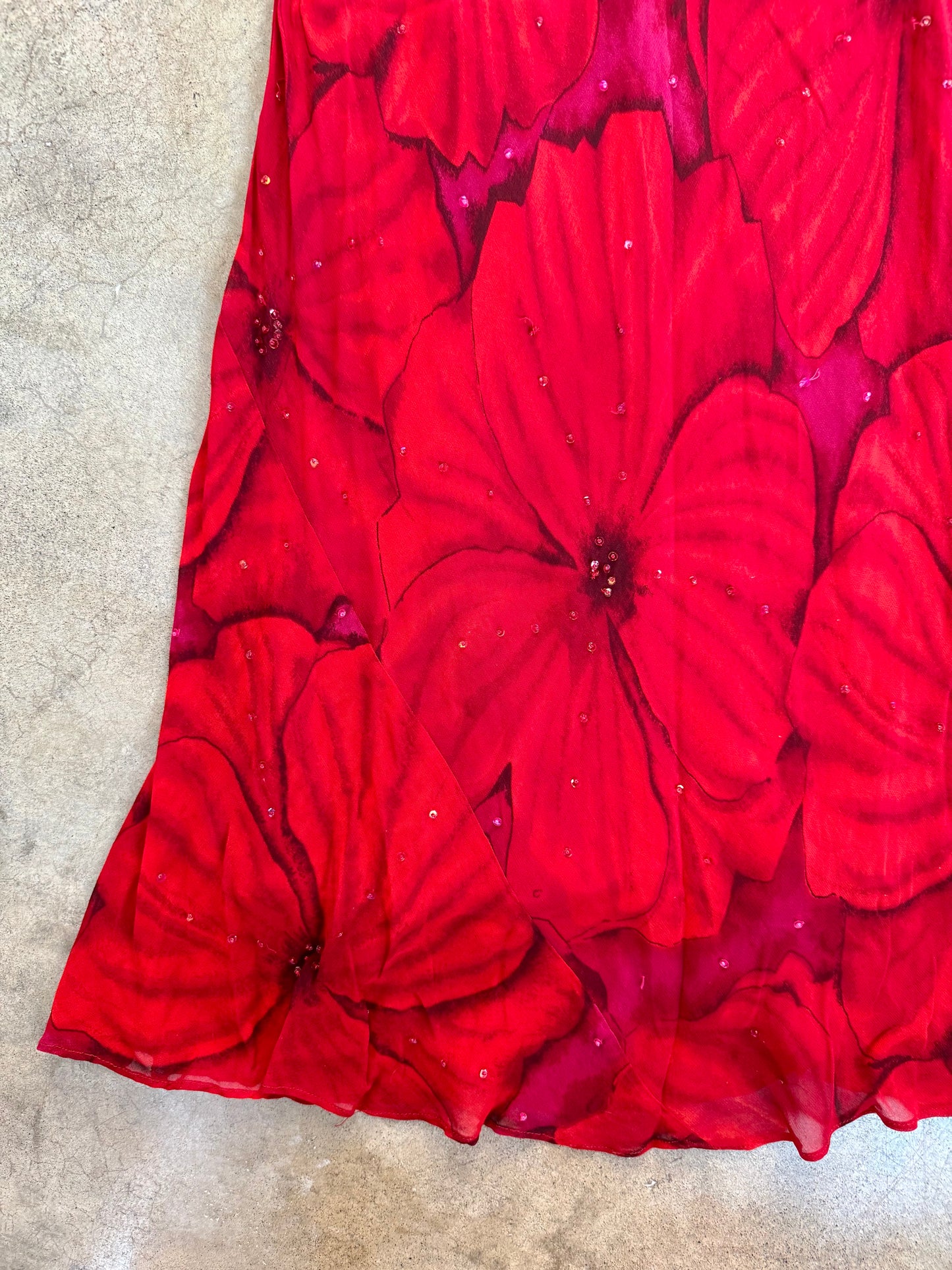Vintage 1990s Red & Pink Floral Sequined Silk Short Sleeve Maxi Dress | Large