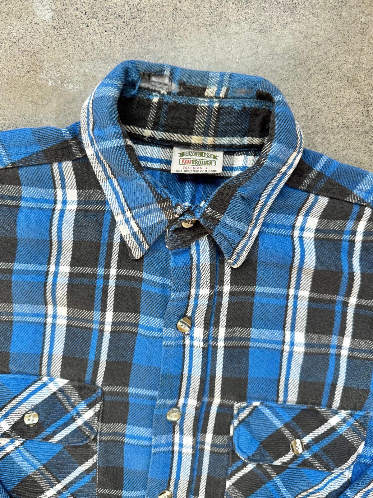 Vintage 1990s Five Brother Distressed Blue Plaid Cotton Flannel Shirt | Large