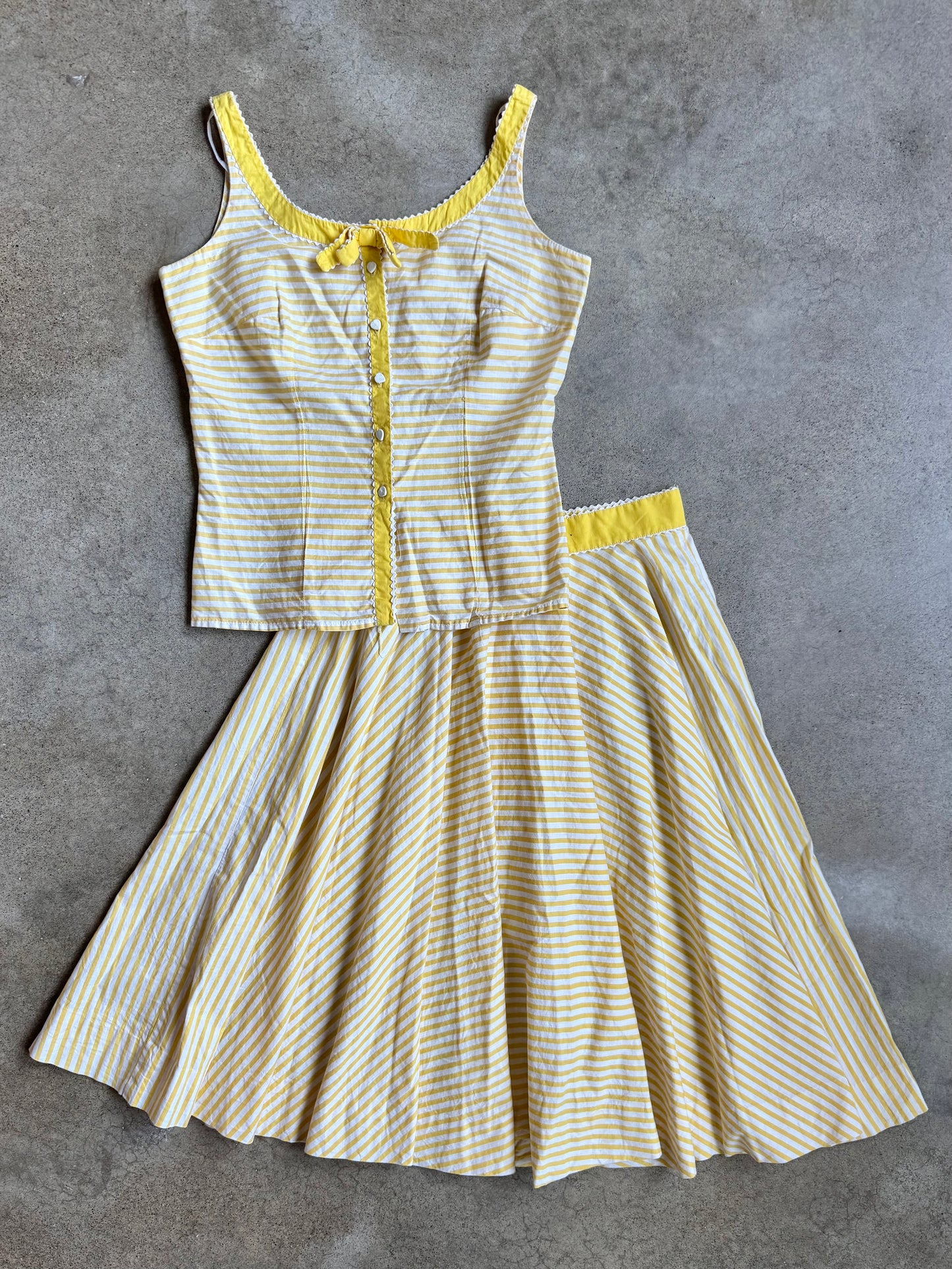 Vintage 1950s Handmade Yellow & White Striped Two-Piece Skirt Set | Small