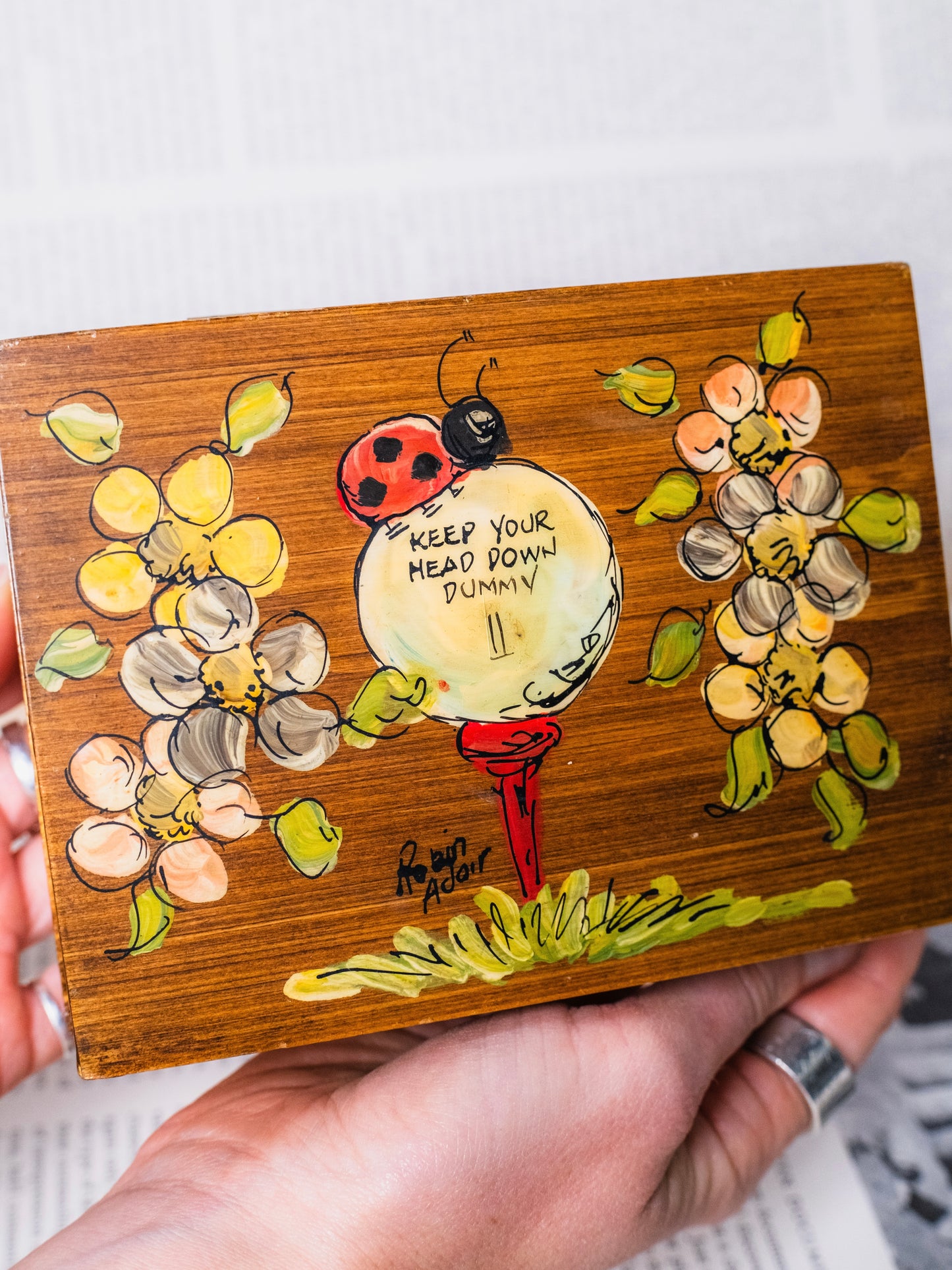 Vintage 1960s Signed "Keep Your Head Down Dummy" Wooden Golf Trinket Box