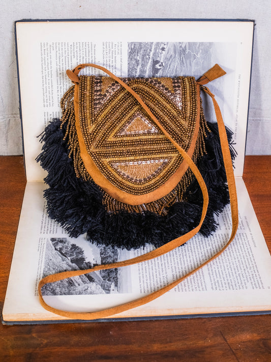 Vintage Bohemian Beaded Tassel Fringe Suede Crossbody Bag