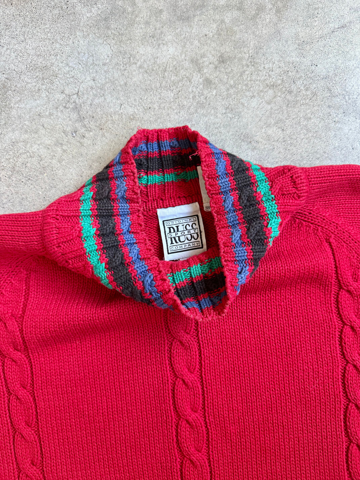 Vintage 1980s Russ Red Striped Mock Neck Cotton Sweater | XL