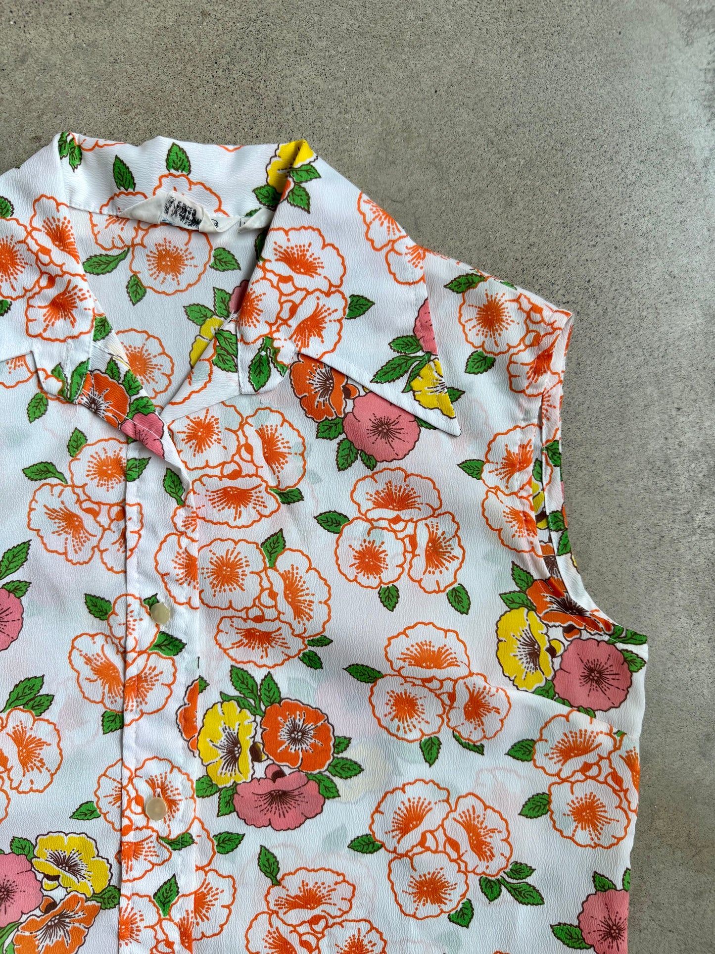 Vintage 1970s Miss Holly Multi-Color Floral Print Sleeveless Blouse | Medium