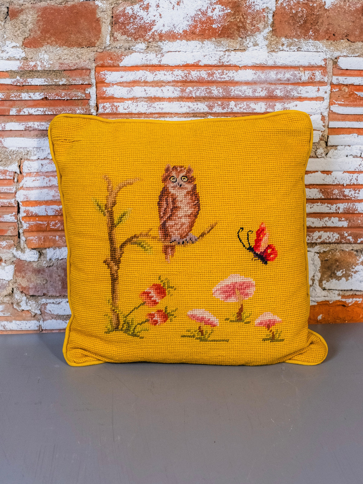 Vintage Yellow “Owl & Mushrooms” Needlepoint Throw Pillow