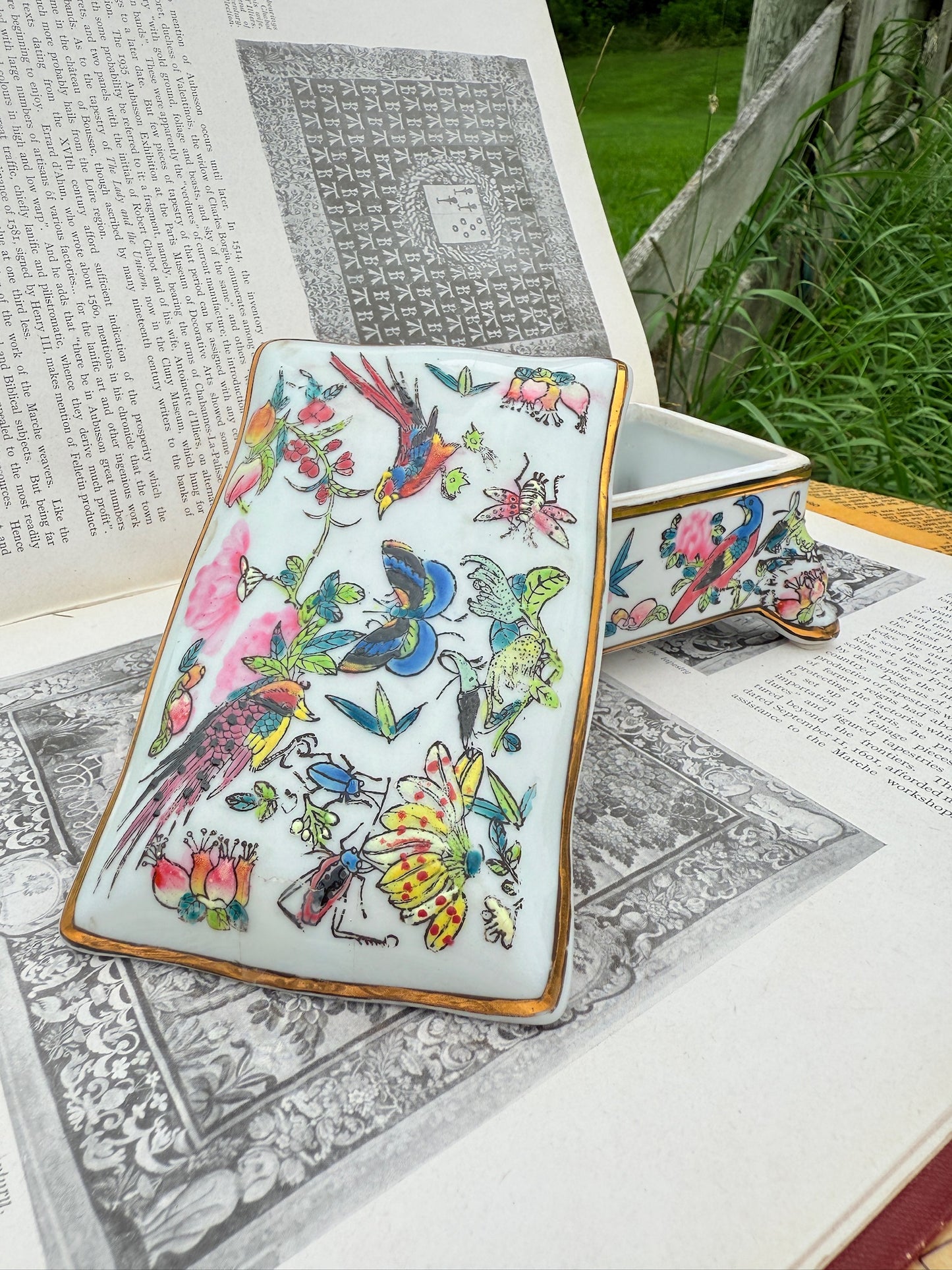 Vintage 1970s Birds Butterflies & Florals Ceramic Trinket Box