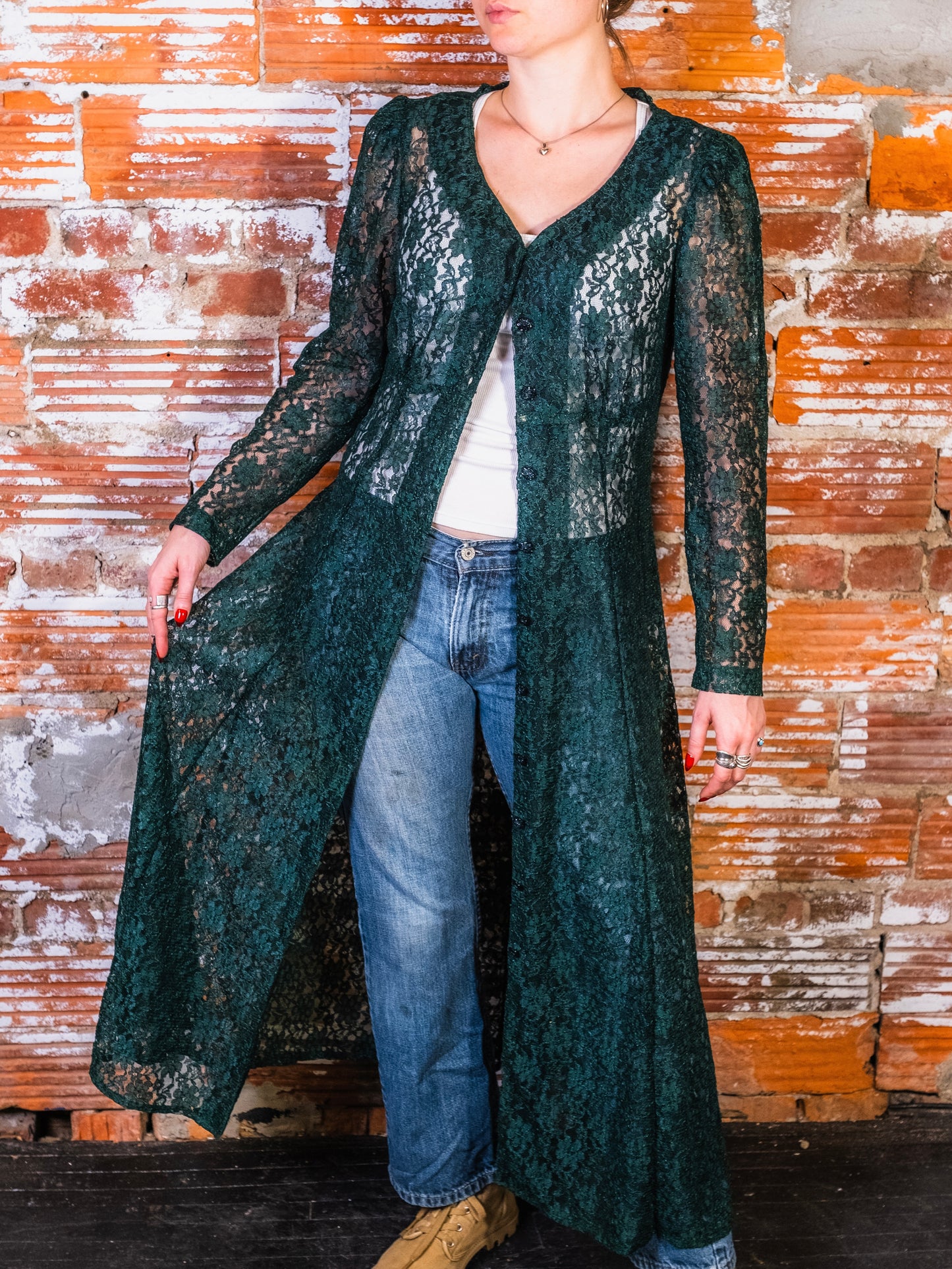 Vintage 1980s Dana Scott Green Floral Lace Button-Front Long Sleeve Maxi Dress | Medium