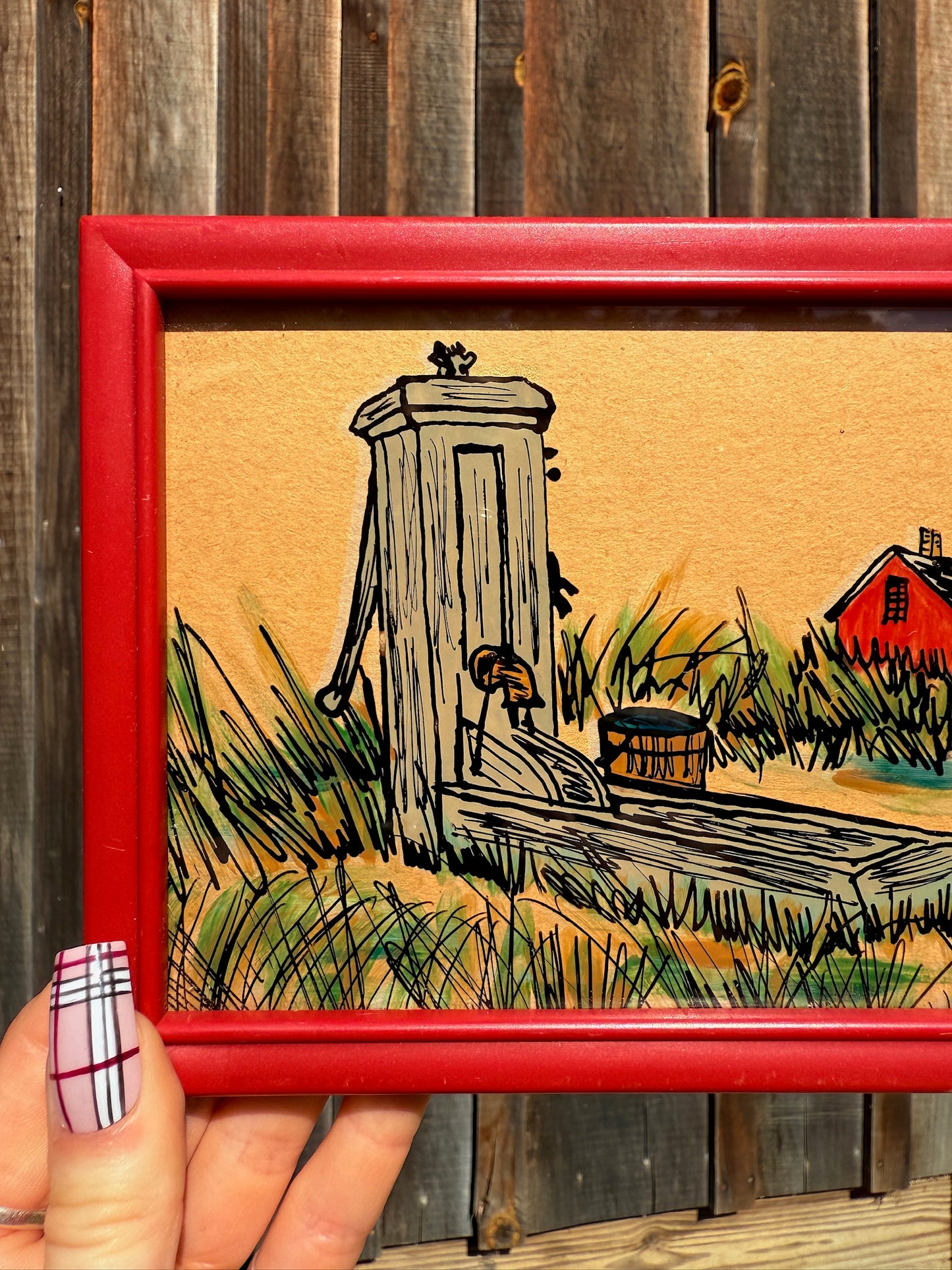 Vintage 1970s Framed & Signed McCaskil Rural Farm Scene Painting on Glass