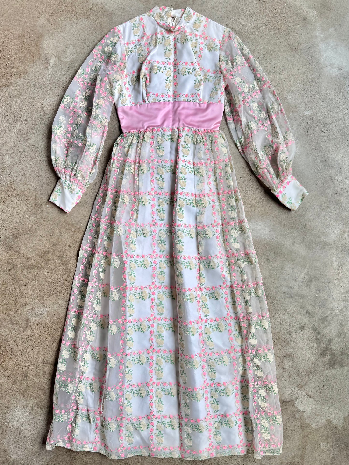 Vintage 1960s White & Pink Floral High-Neck Empire Waist Formal Dress | Small