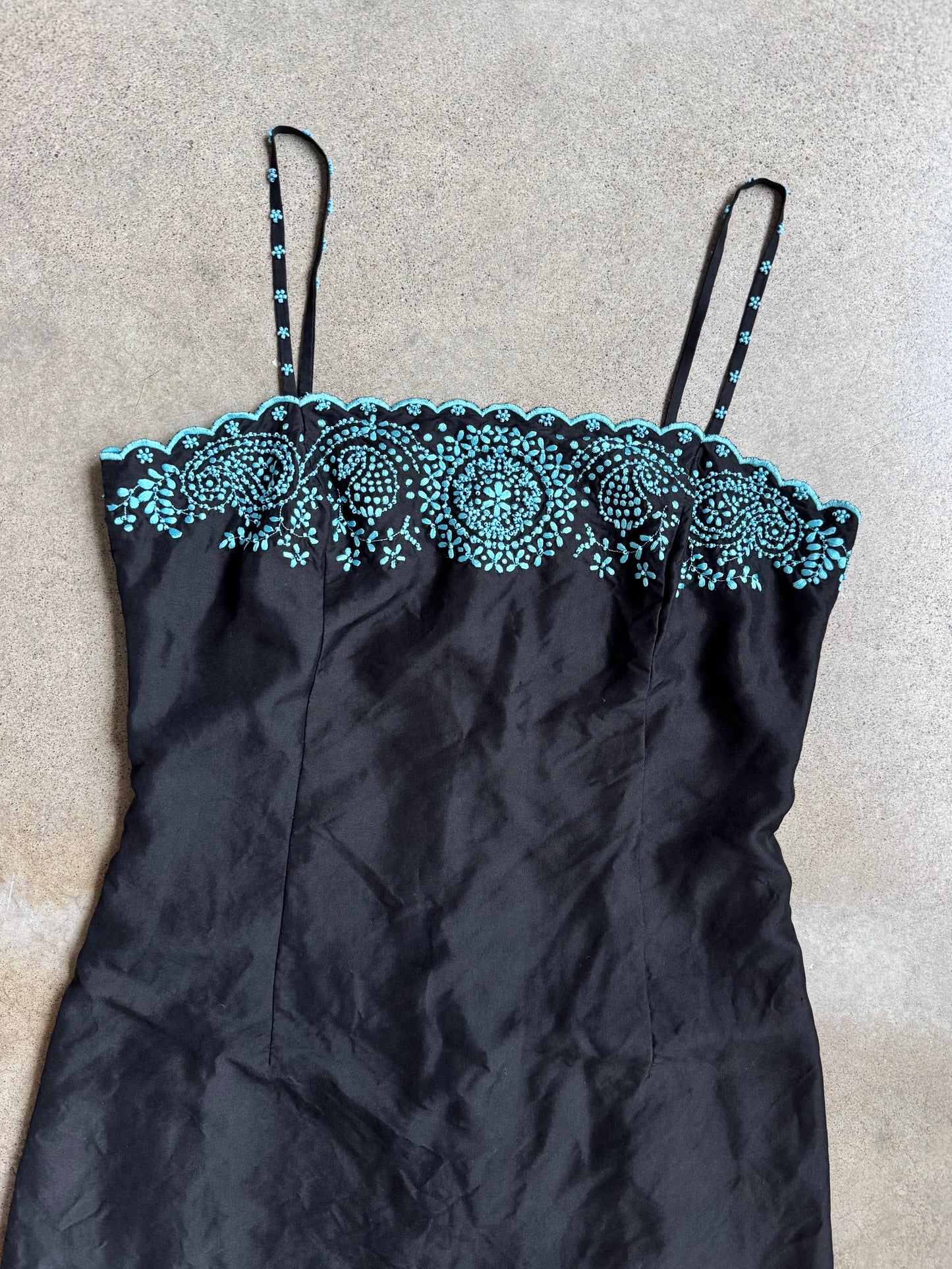 2000s Ann Taylor Black & Blue Embroidered Floral Beaded Silk Dress | XS