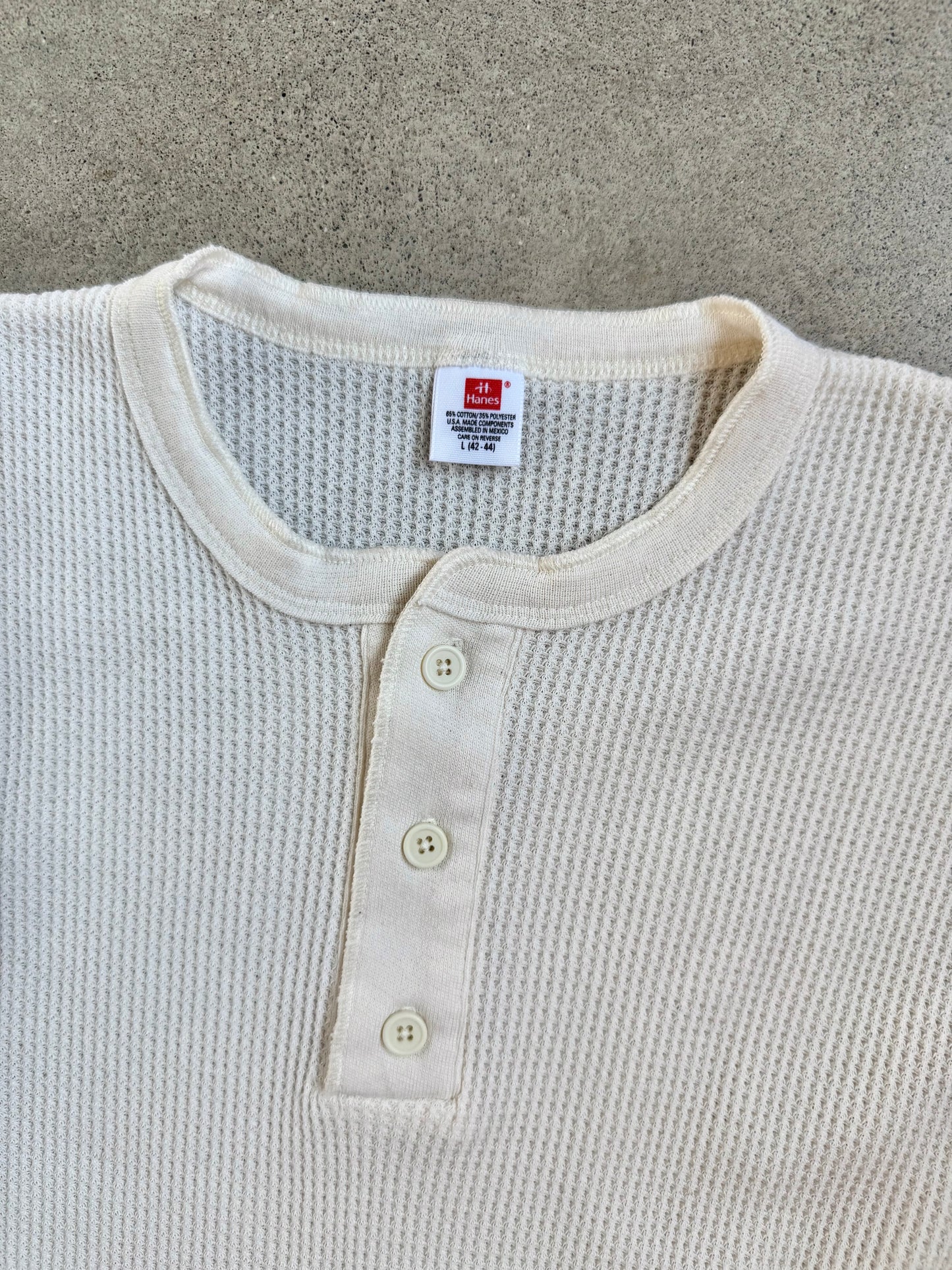 Vintage 1990s Hanes White Waffle Knit Henley Thermal | Large