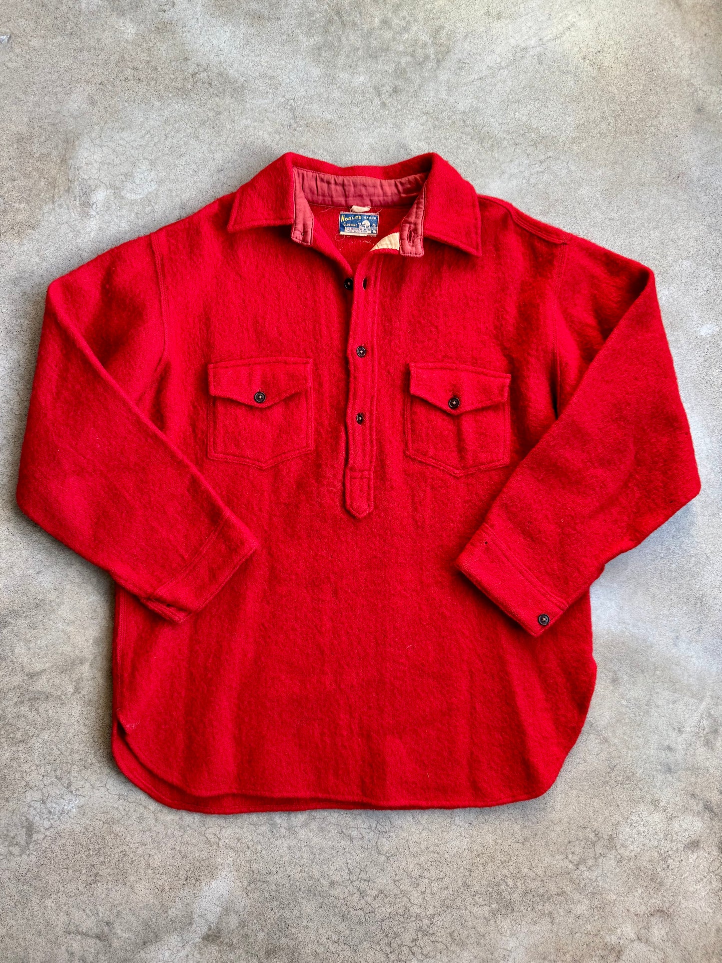 Vintage 1950s Norlite Red Wool Patched Pullover Shirt Jacket | L/XL