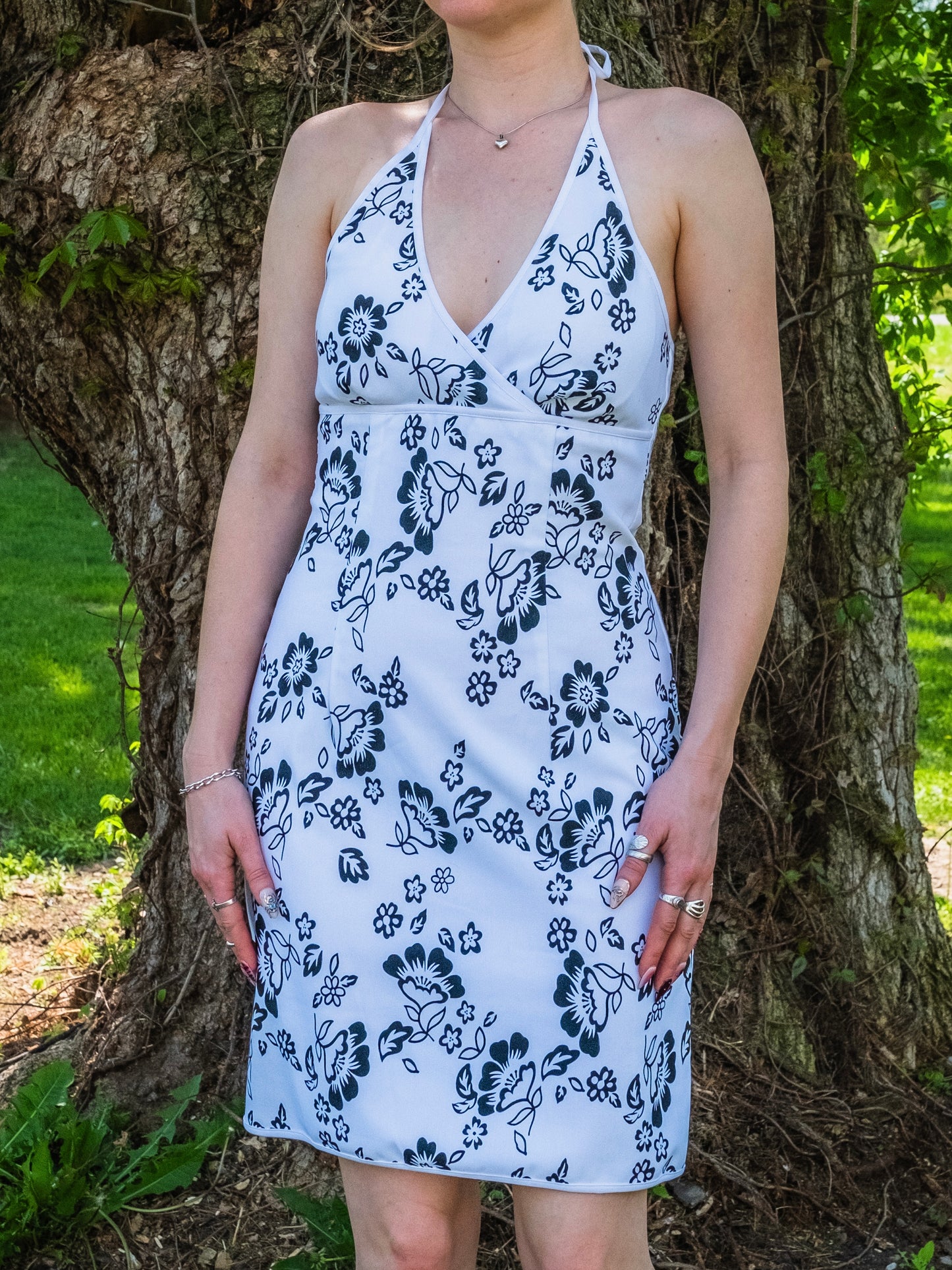 Vintage 1990s City Triangles Black & White Floral Halter Dress | S/M