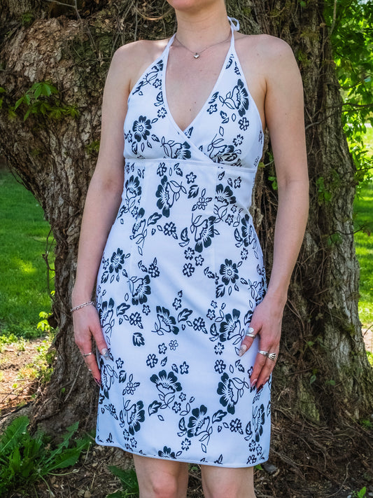 Vintage 1990s City Triangles Black & White Floral Halter Dress | S/M