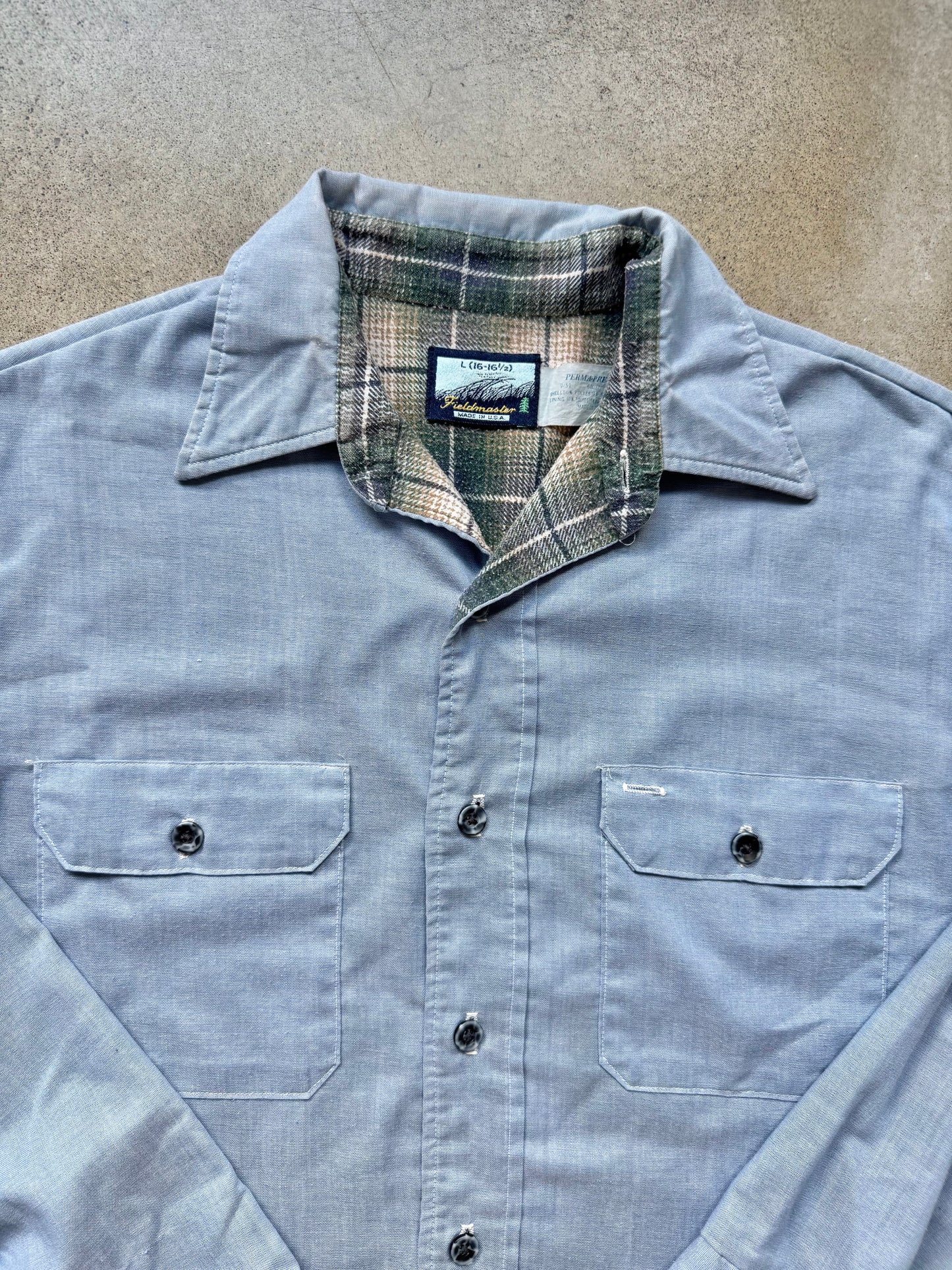 Vintage 1970s/80s Fieldmaster Flannel Lined Blue Utility Work Shirt | Large
