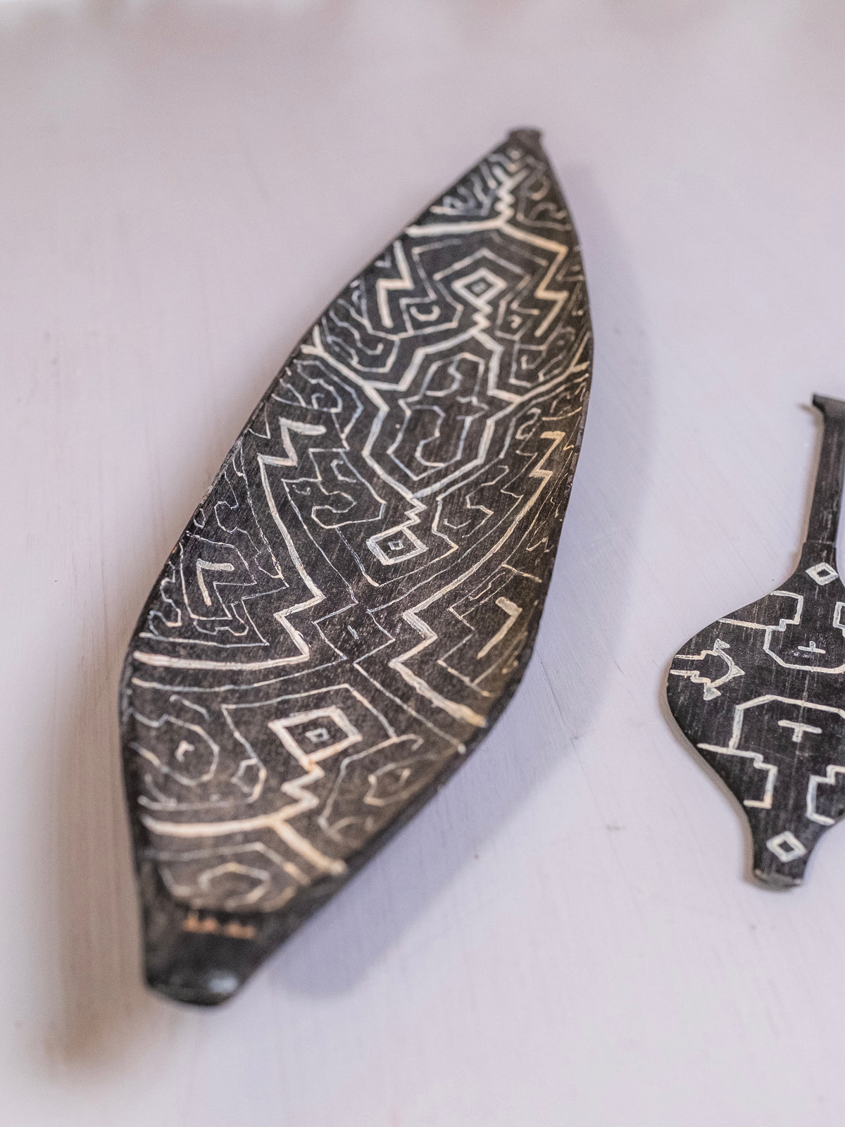 Vintage Hand-Carved Tribal Painted Wooden Boat & Paddle Display