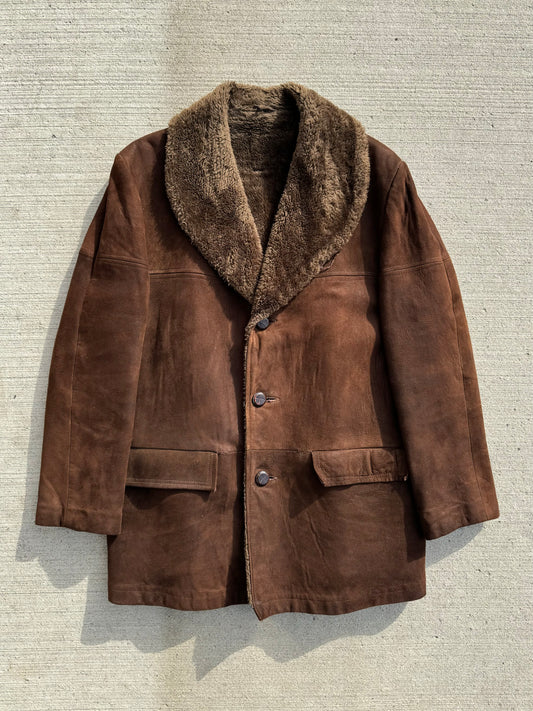 Vintage 1960s Brown Sherpa Lined Suede Coat | L/XL