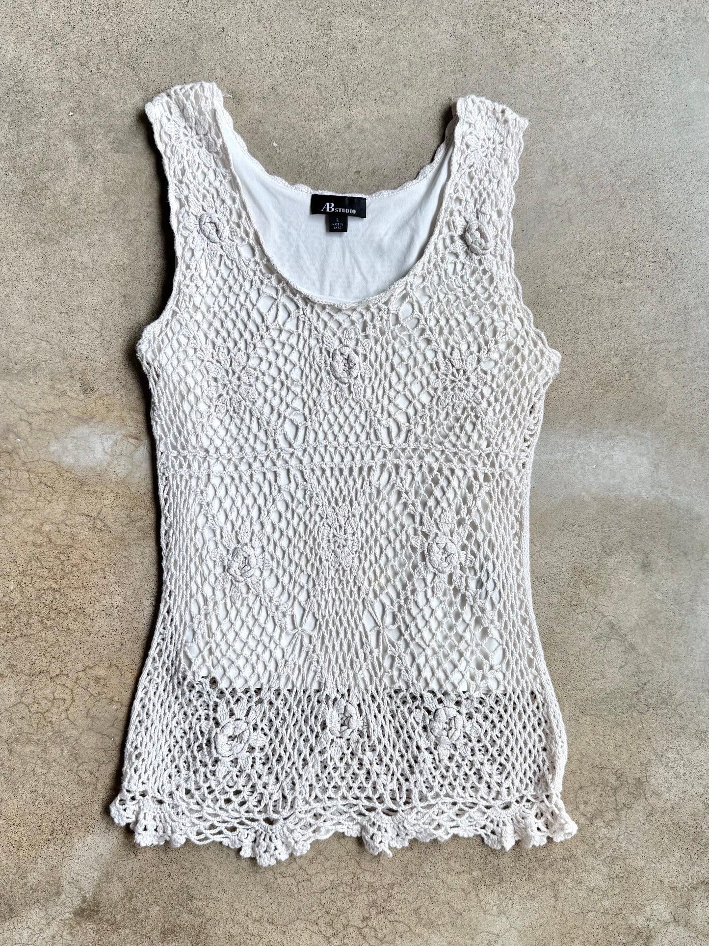 Vintage 1990s A.B. Studio White Crochet Tank Top | Large