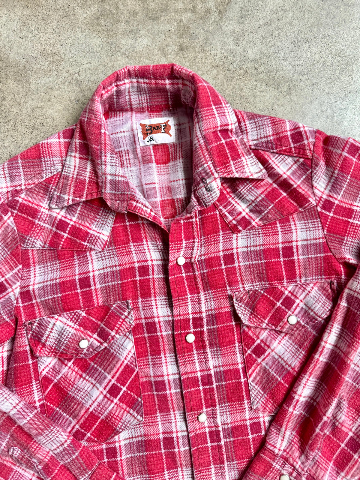 Vintage 1970s Bar-F Red & White Plaid Western Pearl Snap Flannel Shirt | Medium