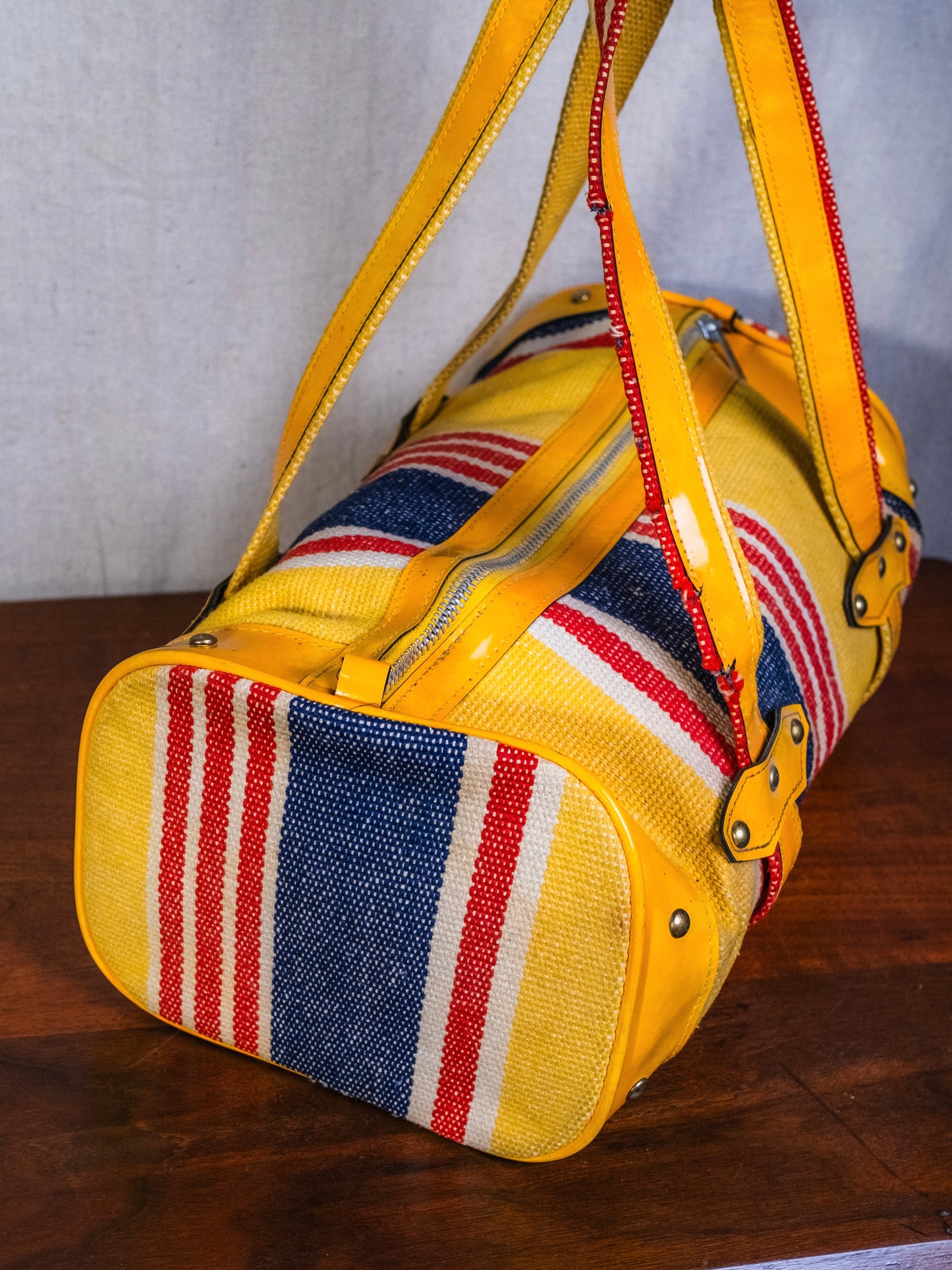 Vintage 1960s/70s Yellow & Red Striped Woven Duffel Bag