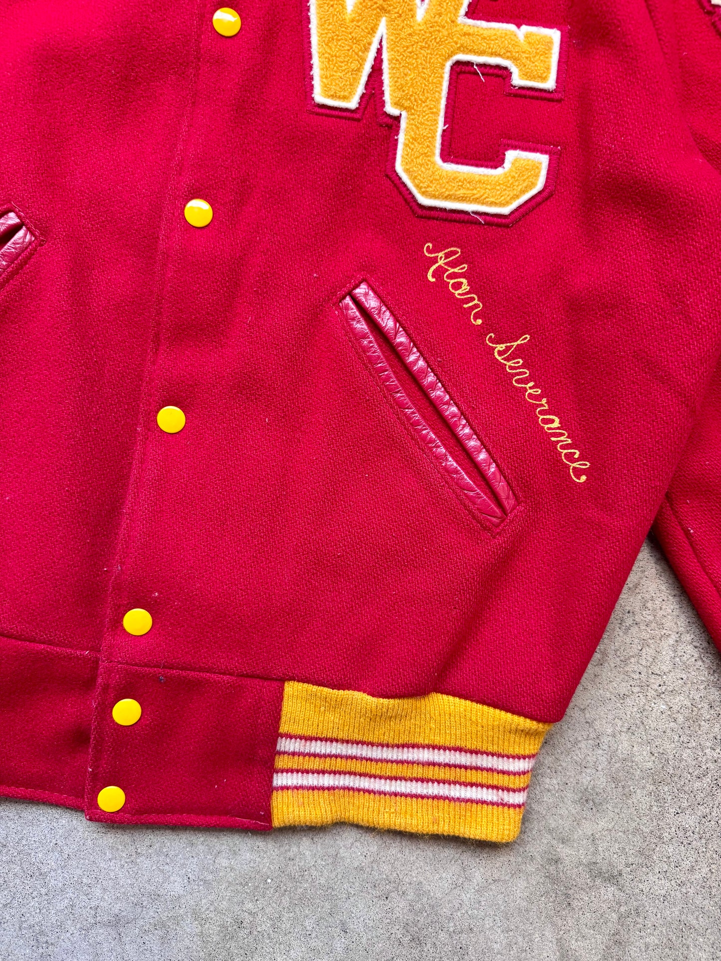Vintage 1981 Worthington Christian Red & Gold Wool Letterman Varsity Jacket | Large