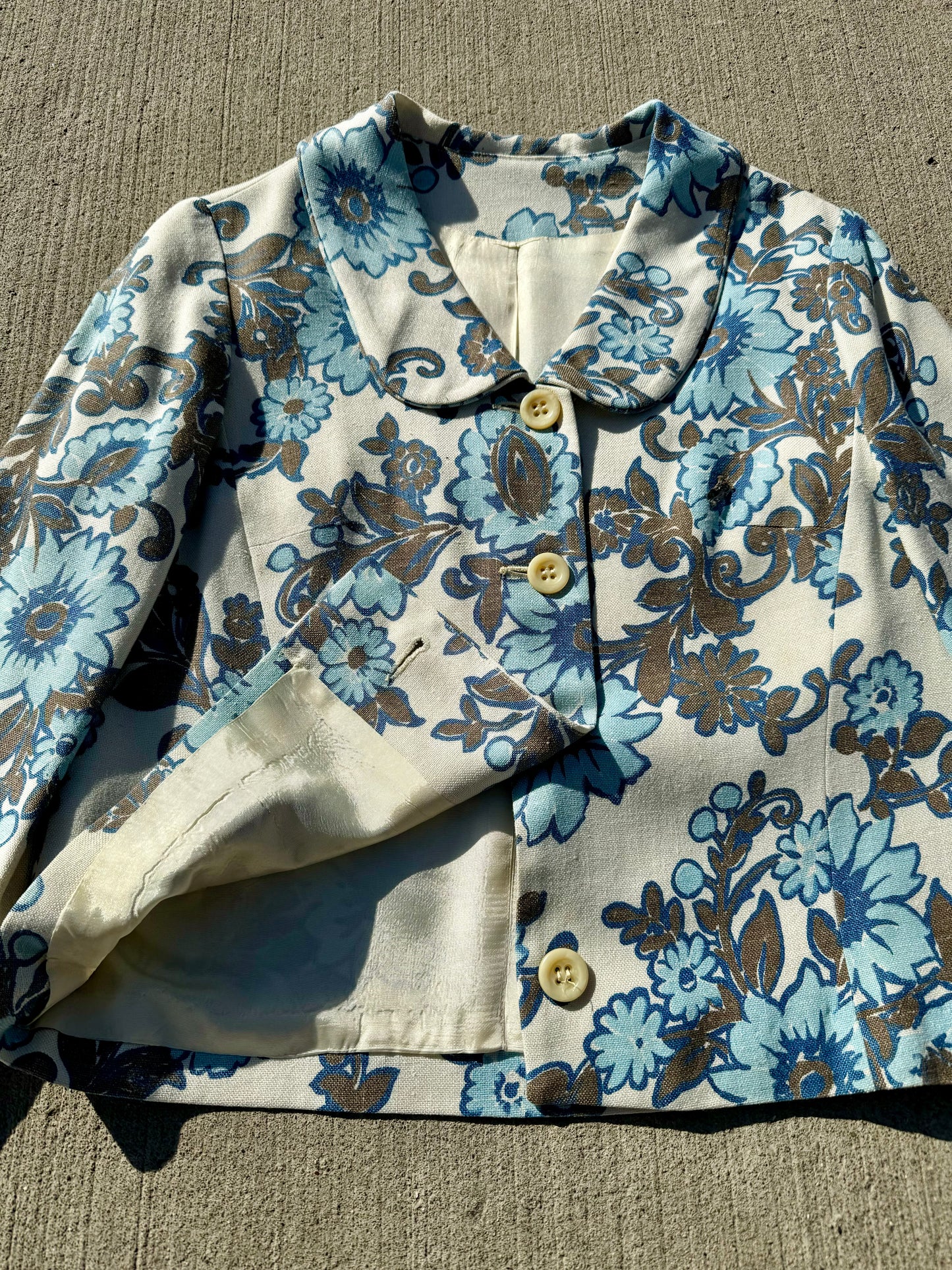 Vintage 1960s Blue Floral Buttoned Short Jacket | S/M