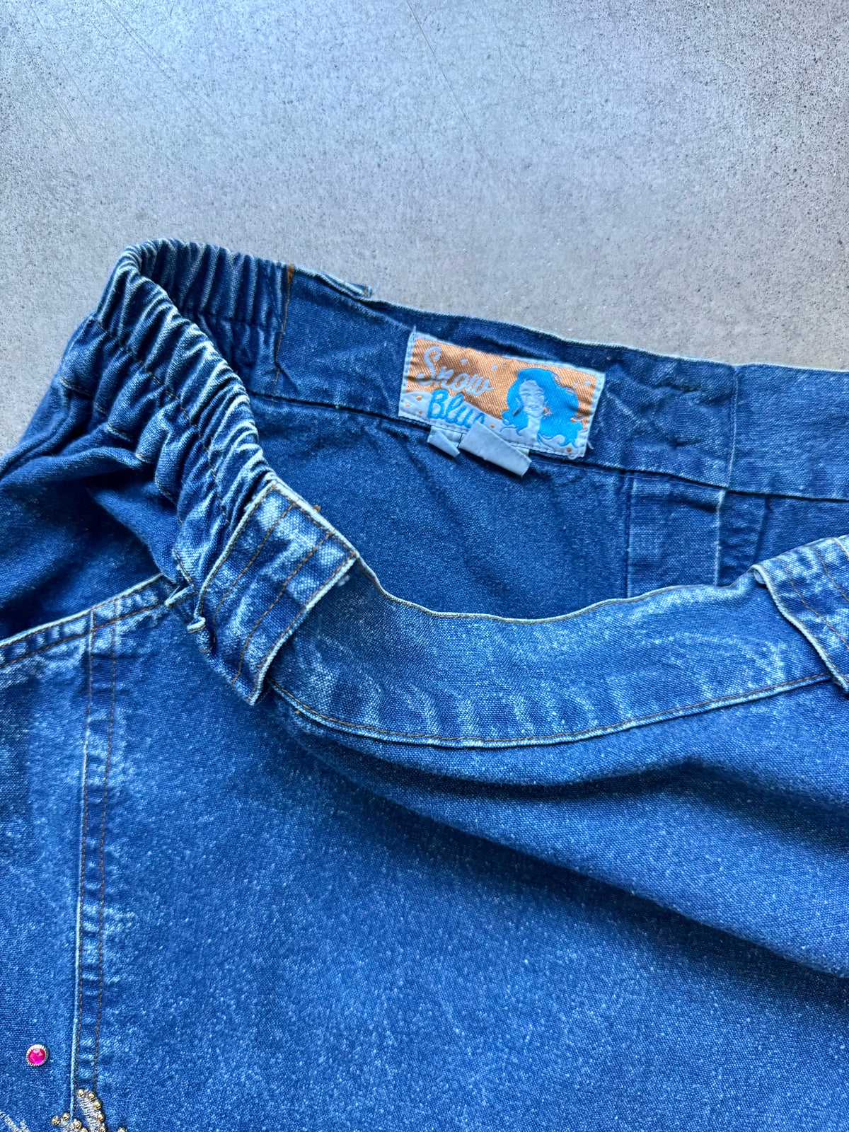 Vintage 1980s Snow Blue Floral Beaded Appliqué Denim Two-Piece Skirt Set | Medium