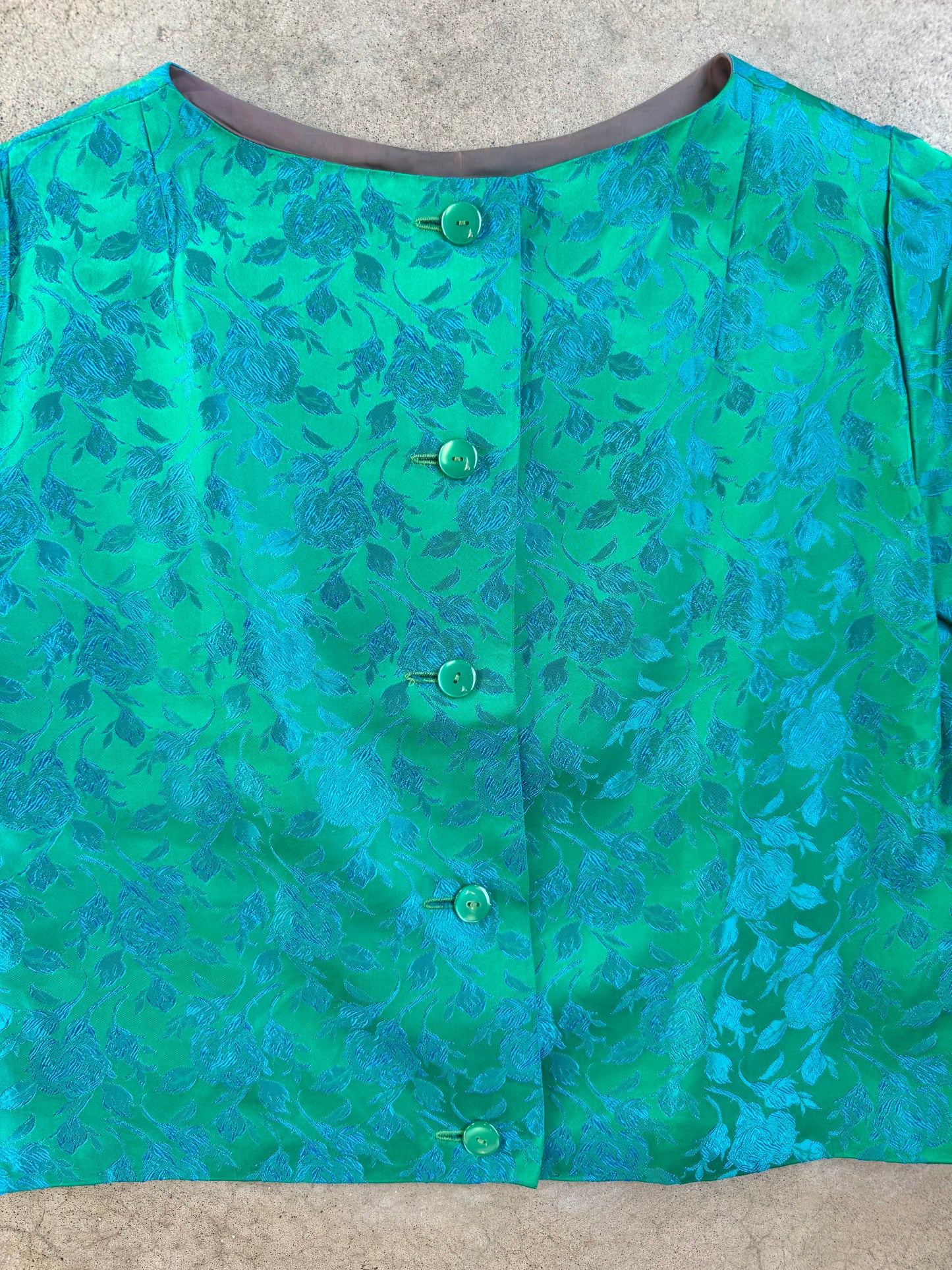 Vintage 1950s Handmade Green & Blue Floral Satin Brocade Button-Back Blouse | Large