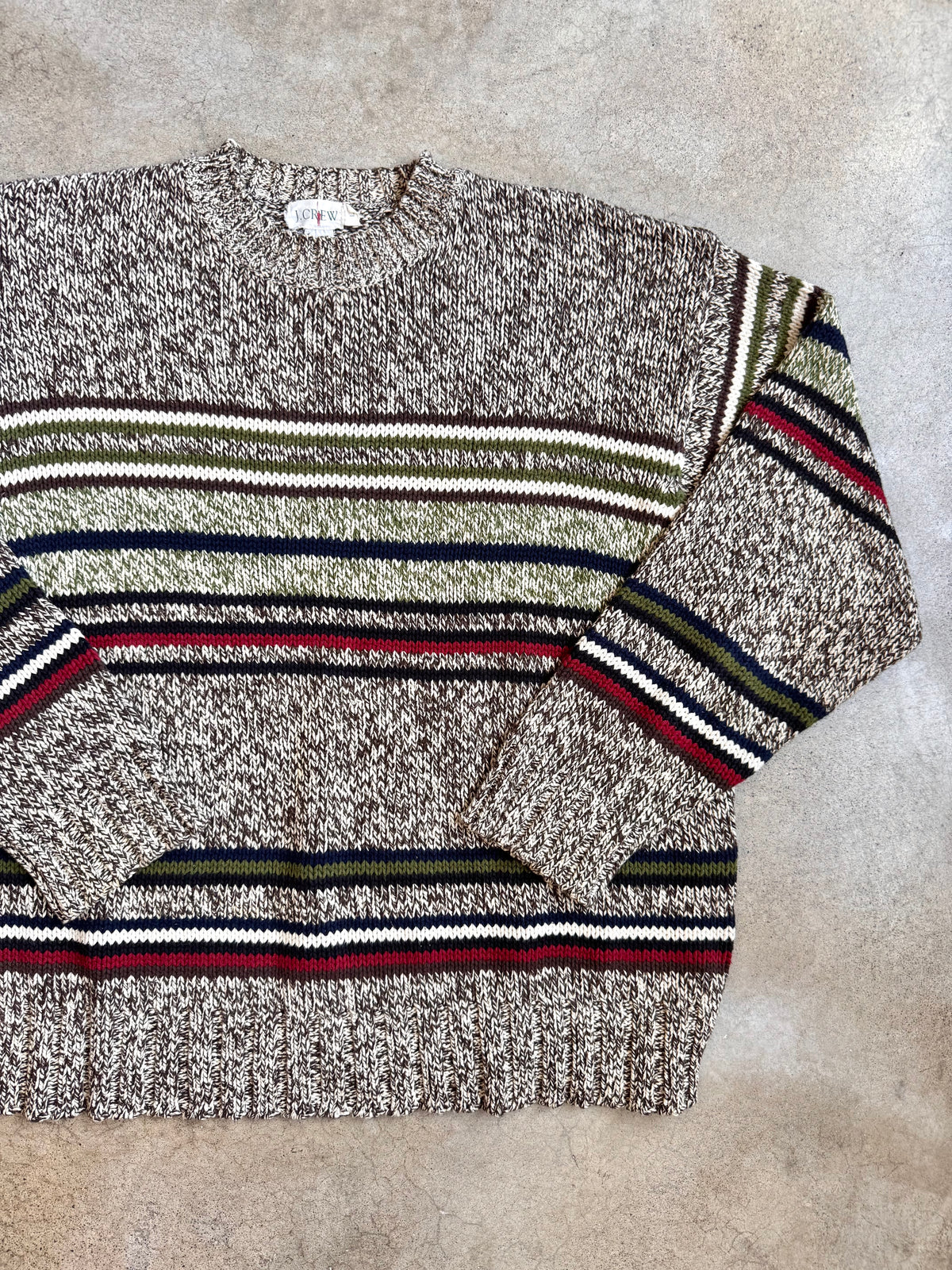 Vintage 1990s J. Crew Multi-Stripe Marled Cotton Knit Sweater | Large