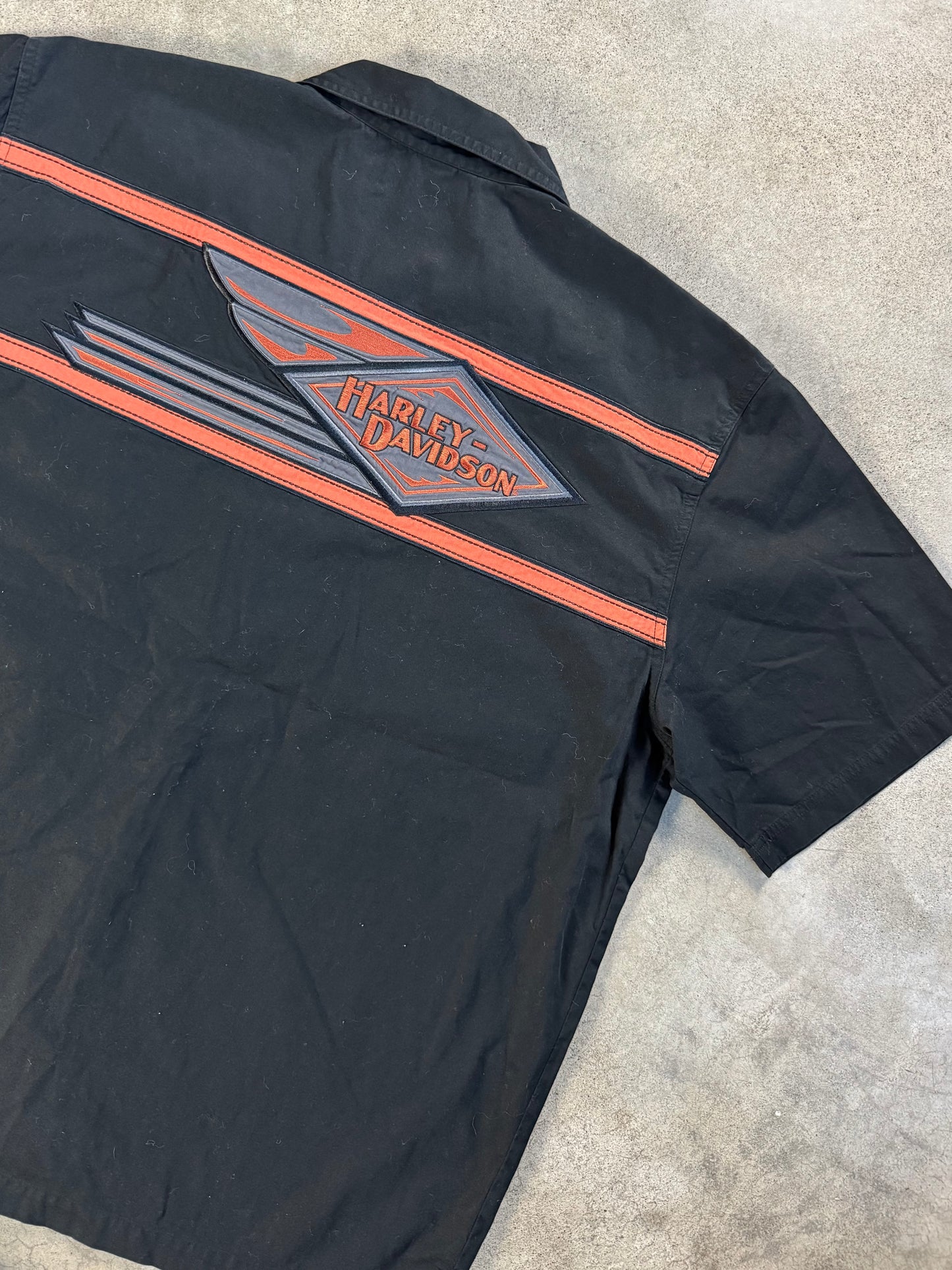2000s Harley Davidson Black & Orange Embroidered Short Sleeve Shirt | XL