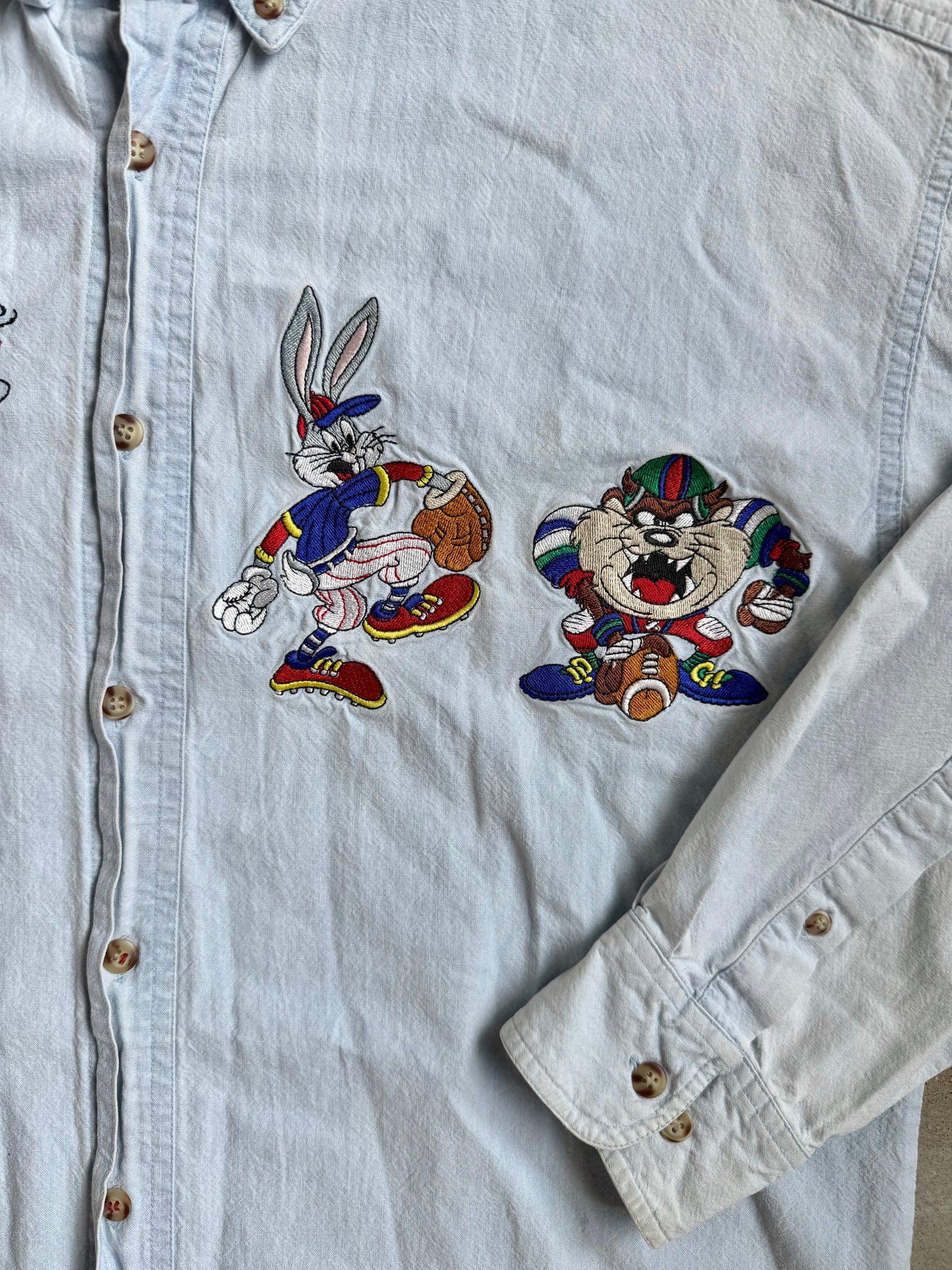 Vintage 1990s ACME Looney Tunes Embroidered Denim Shirt | Medium